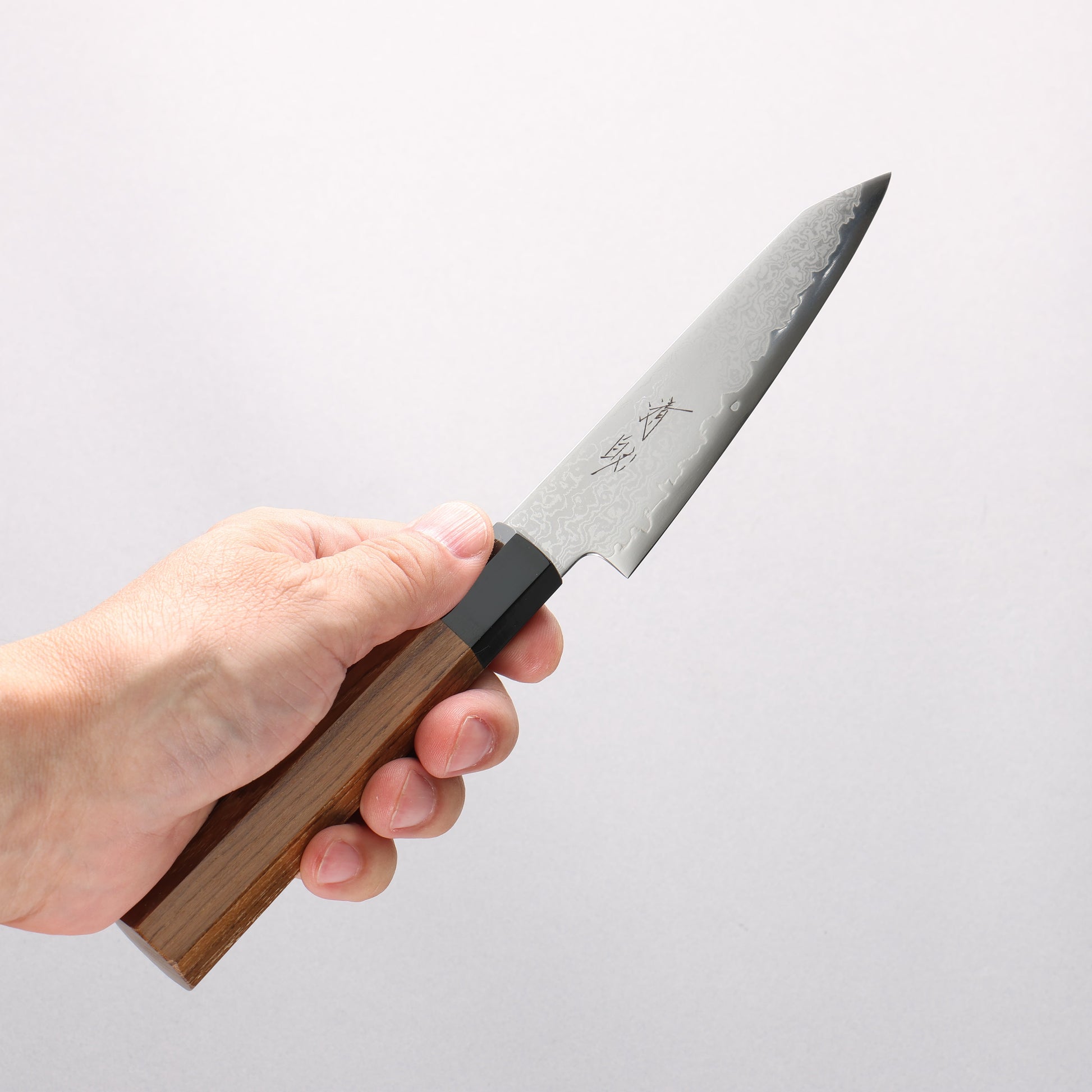 清助 V金10号 ダマスカス 切付ペティナイフ 120mm チーク (口輪：黒プラスチック)柄 - 清助刃物