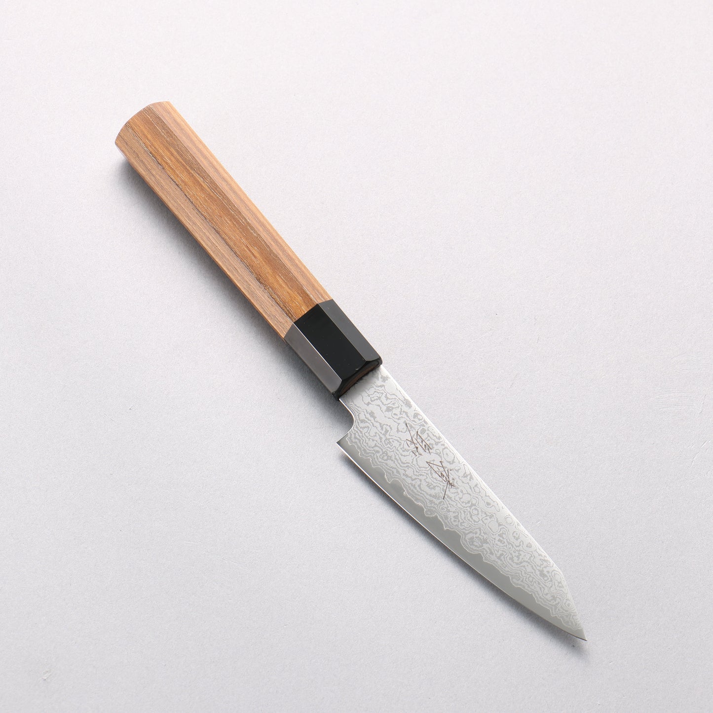 清助 V金10号 ダマスカス 切付ペティナイフ 105mm チーク (口輪：黒プラスチック)柄 - 清助刃物