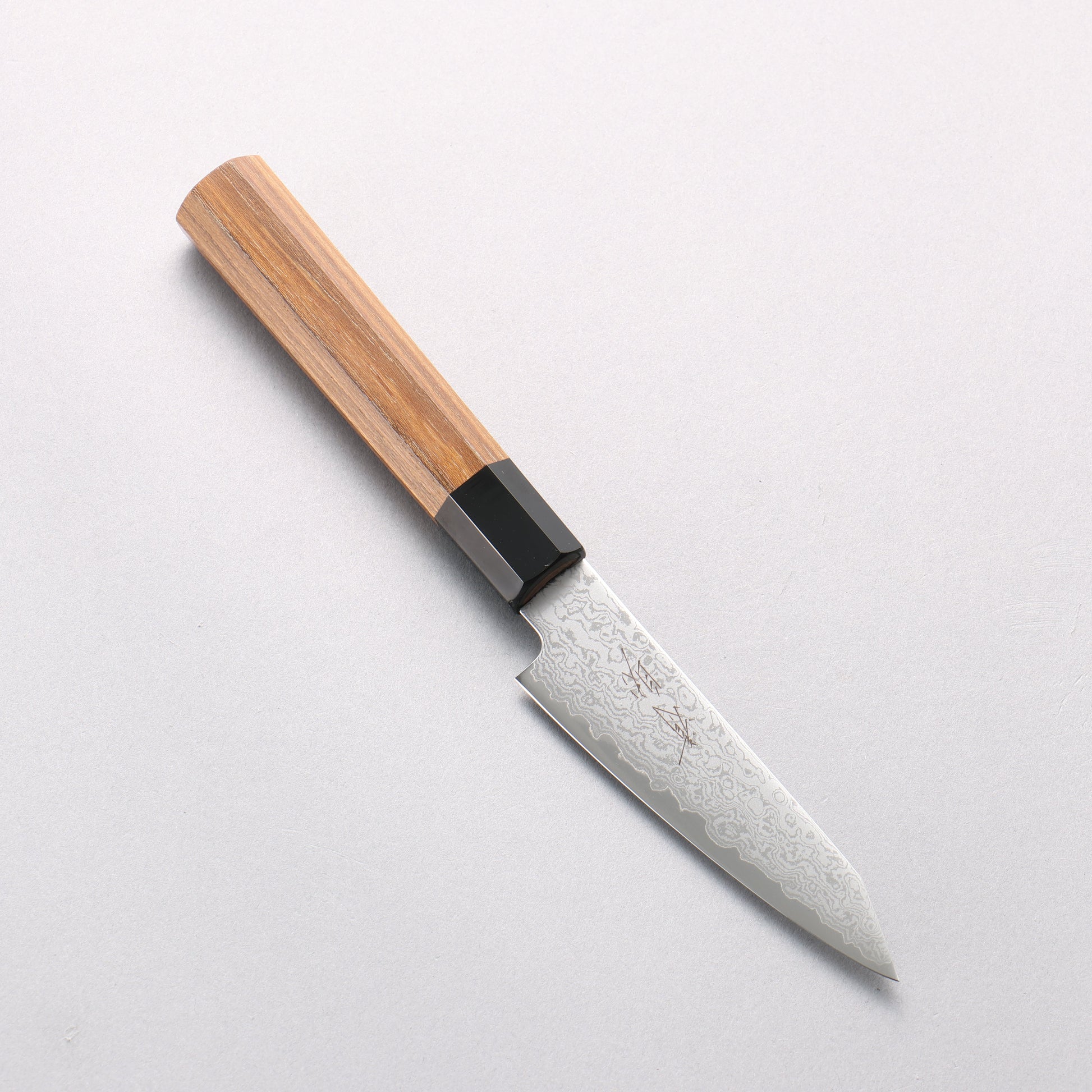 清助 V金10号 ダマスカス 切付ペティナイフ 105mm チーク (口輪：黒プラスチック)柄 - 清助刃物