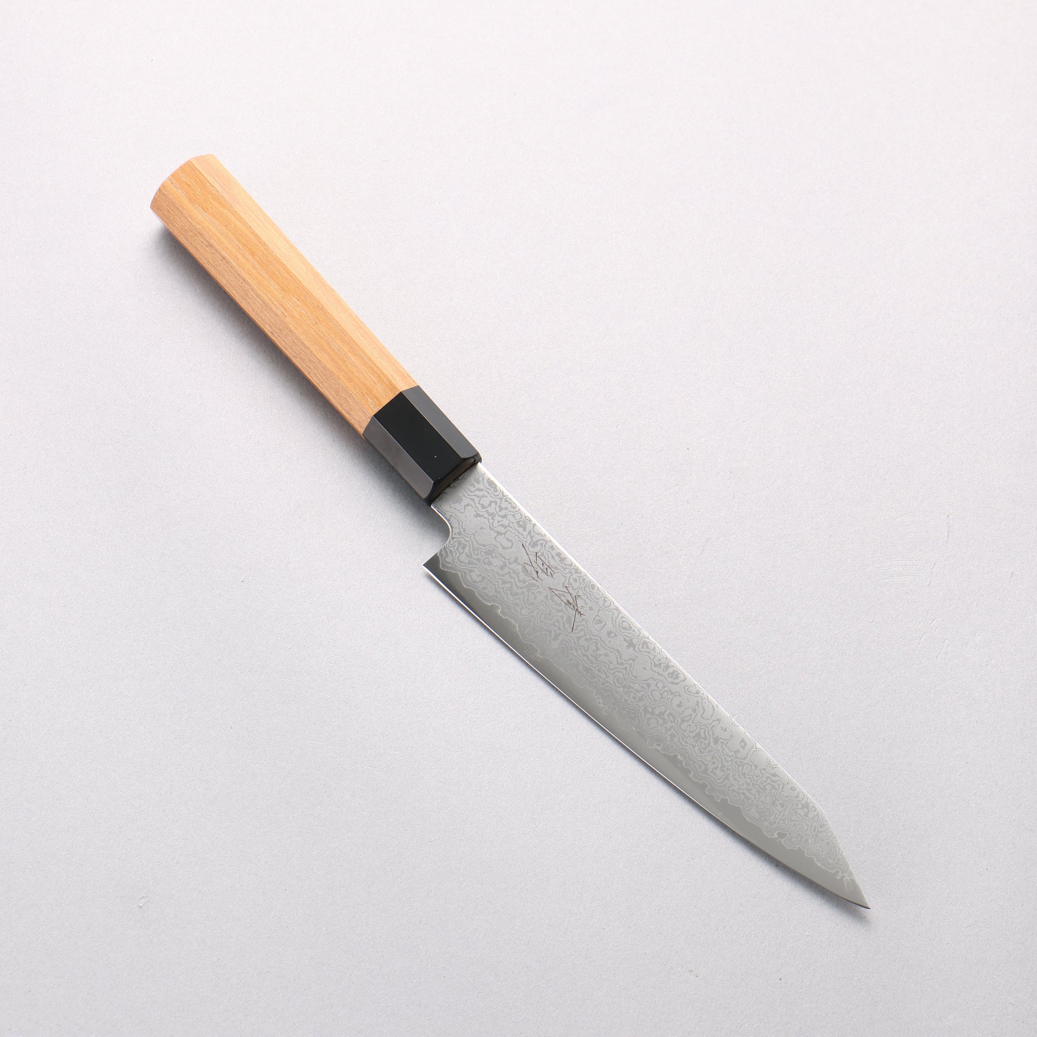 清助 V金10号 ダマスカス 切付ペティナイフ 120mm チーク (口輪：黒プラスチック)柄 - 清助刃物