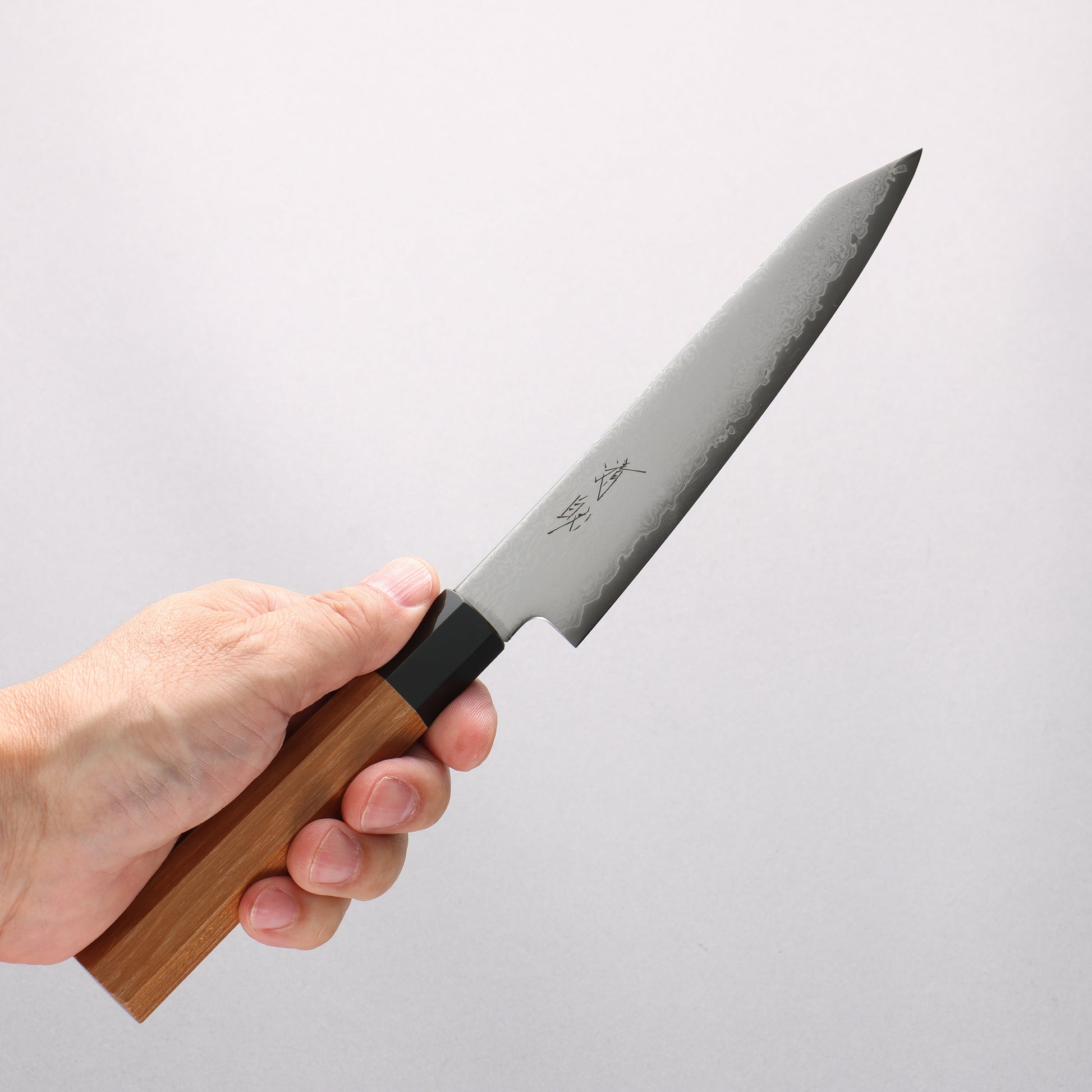 清助 V金10号 ダマスカス 切付ペティナイフ 120mm チーク (口輪：黒プラスチック)柄 - 清助刃物