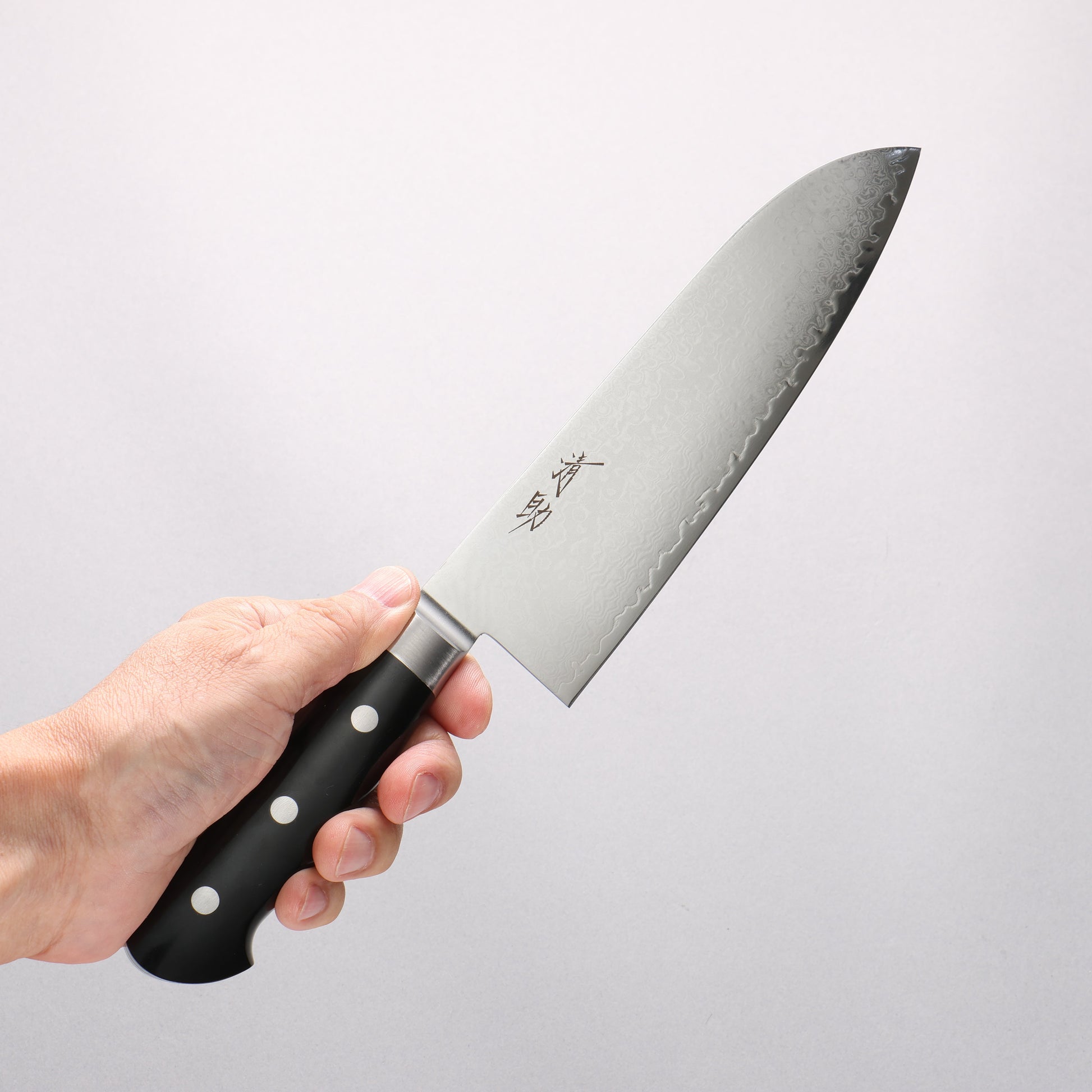 清助 V金10号 33層ダマスカス 三徳包丁 180mm 黒マイカルタ柄 