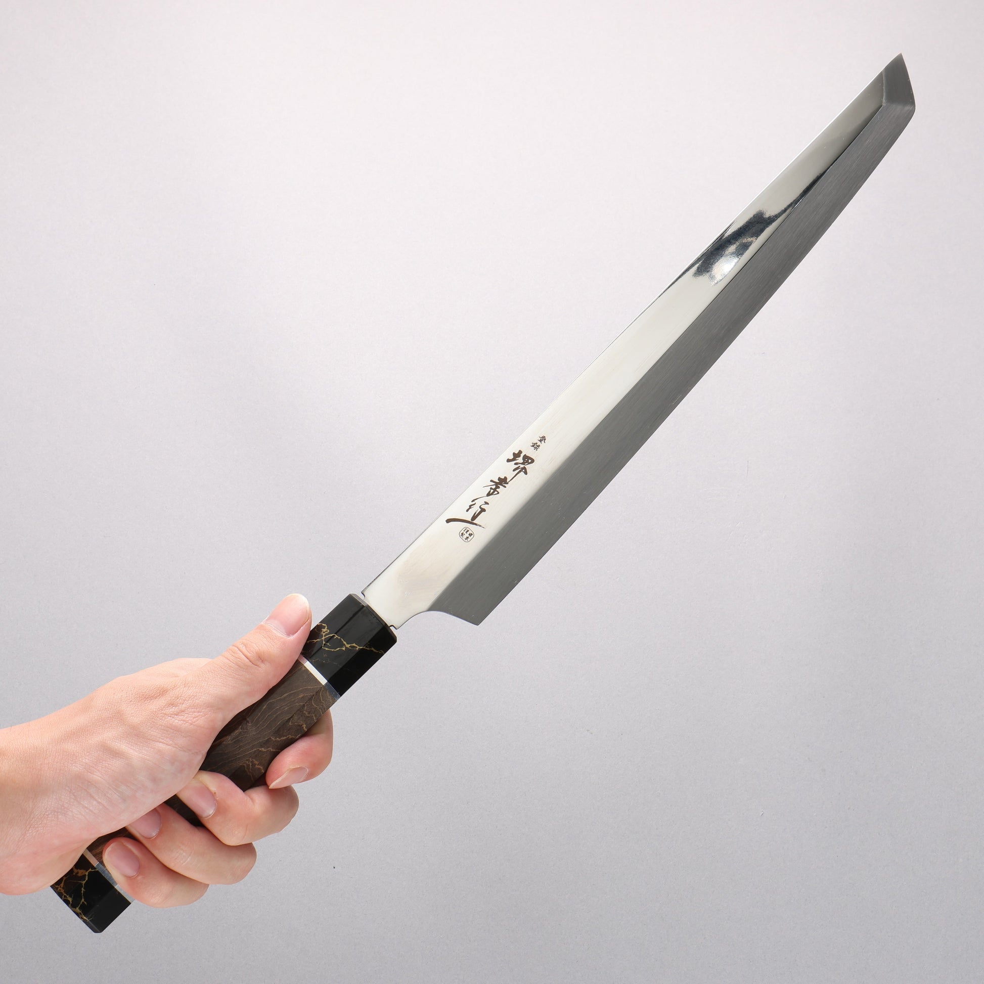 堺 孝行 銀龍 本焼 スウェーデン鋼 鏡面仕上げ 先丸柳刃包丁 300mm スタビライズドウッド柄 鞘付き - 清助刃物