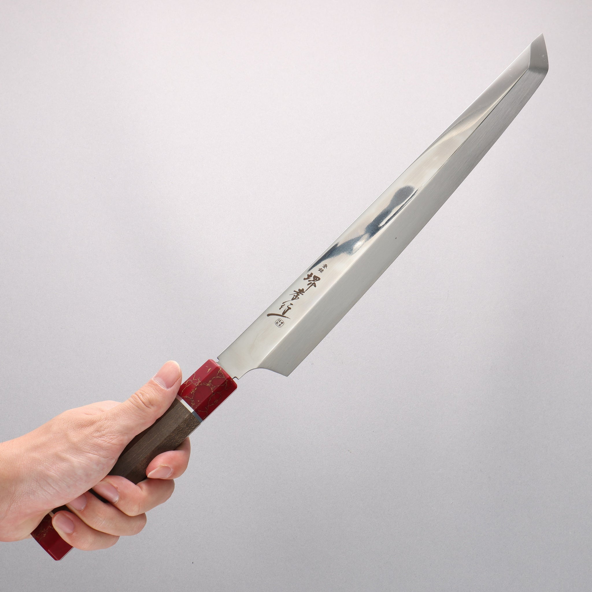 堺 孝行 銀龍 本焼 スウェーデン鋼 鏡面仕上げ 先丸柳刃包丁 300mm スタビライズドウッド柄 鞘付き - 清助刃物