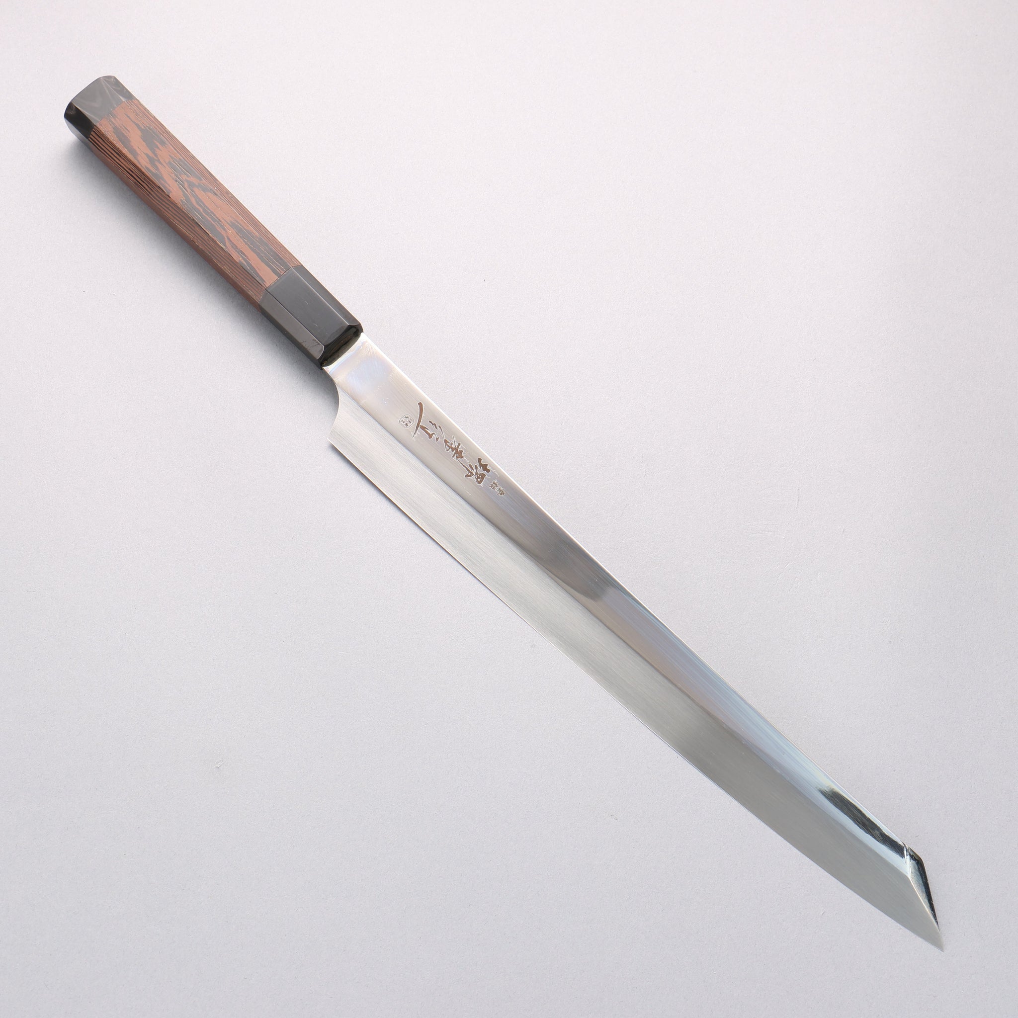 堺 孝行 銀龍 本焼 スウェーデン鋼 鏡面仕上げ 剣型柳刃包丁 300mm ウェンジ(両側水牛リング付き）柄 鞘付き - 清助刃物