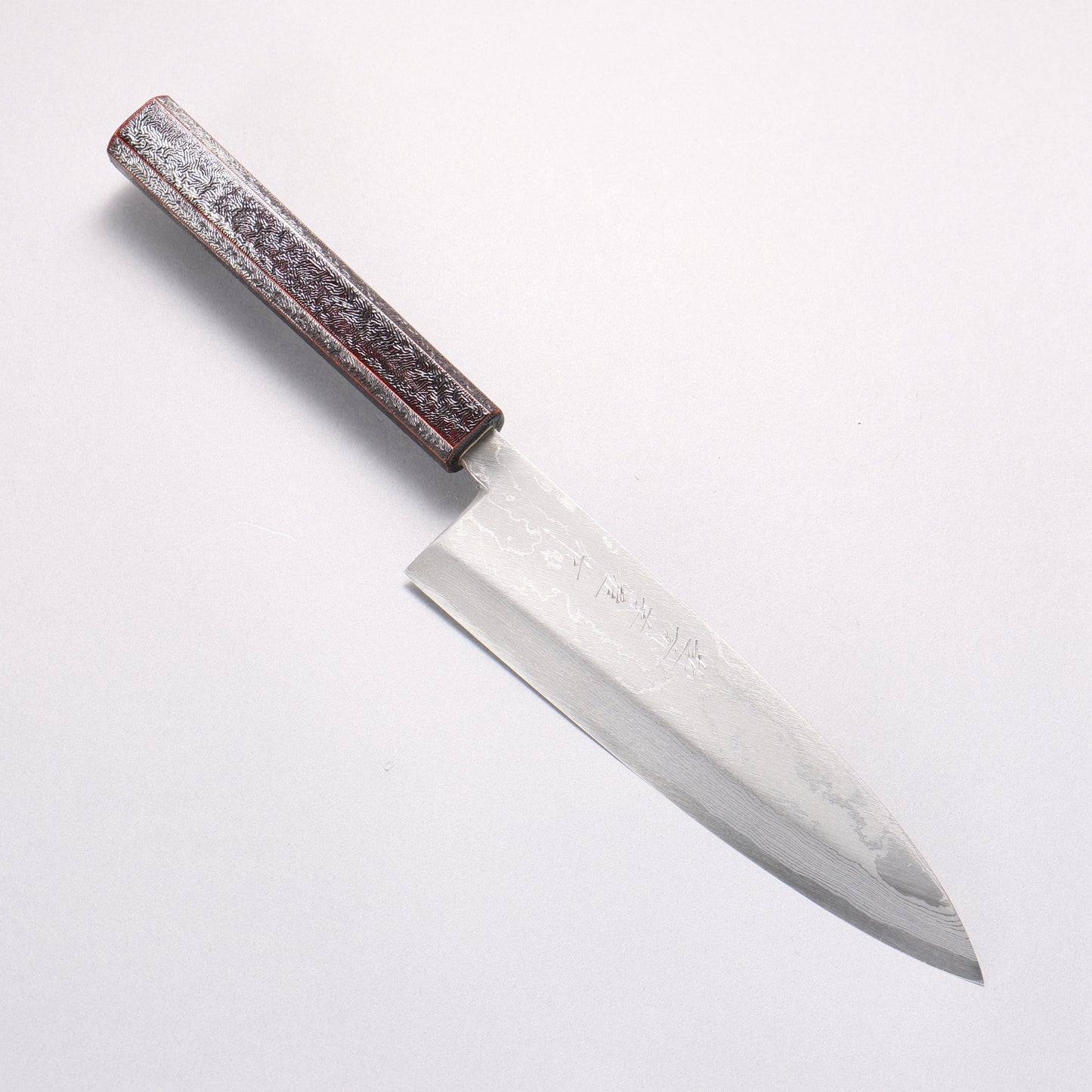 北岡 英雄 白ニ鋼 ダマスカス 身卸出刃 和包丁 195mm 樫木黒銀漆塗り柄 - 清助刃物