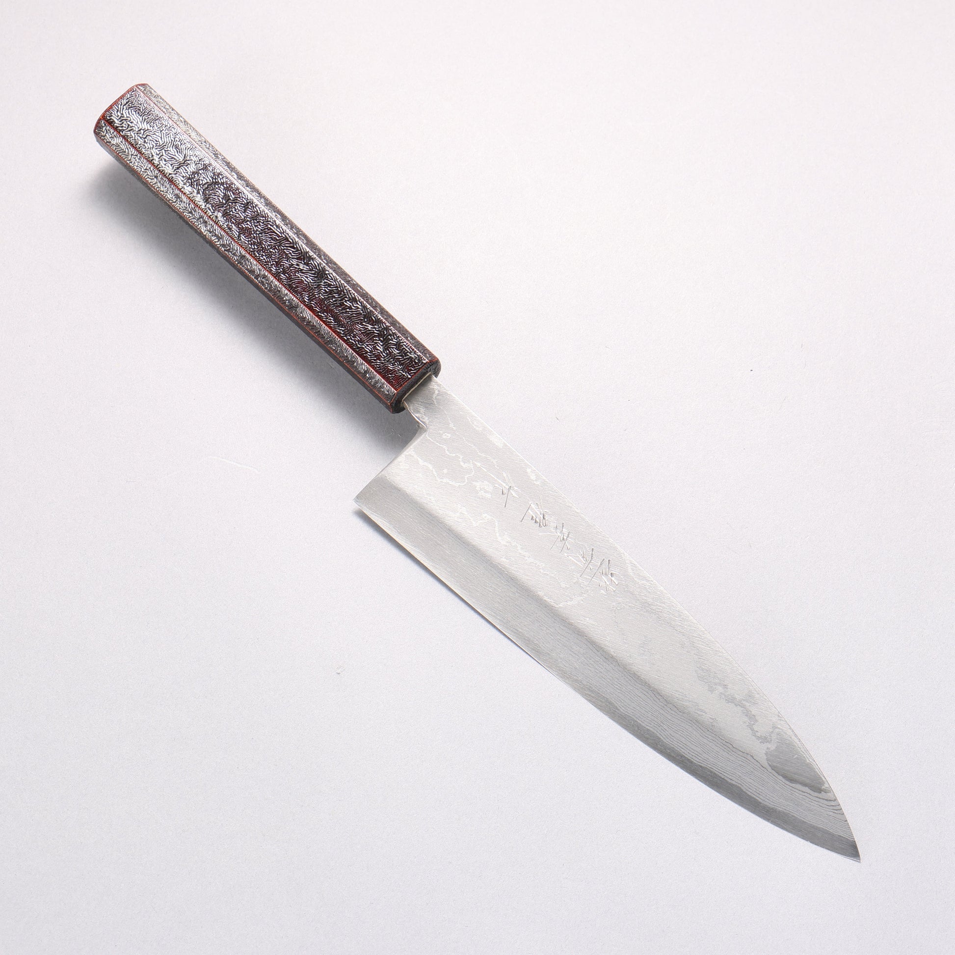 北岡 英雄 白ニ鋼 ダマスカス 身卸出刃 和包丁 195mm 樫木黒銀漆塗り柄 - 清助刃物