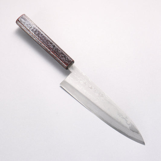 北岡 英雄 白ニ鋼 ダマスカス 身卸出刃 和包丁 195mm 樫木黒銀漆塗り柄 - 清助刃物