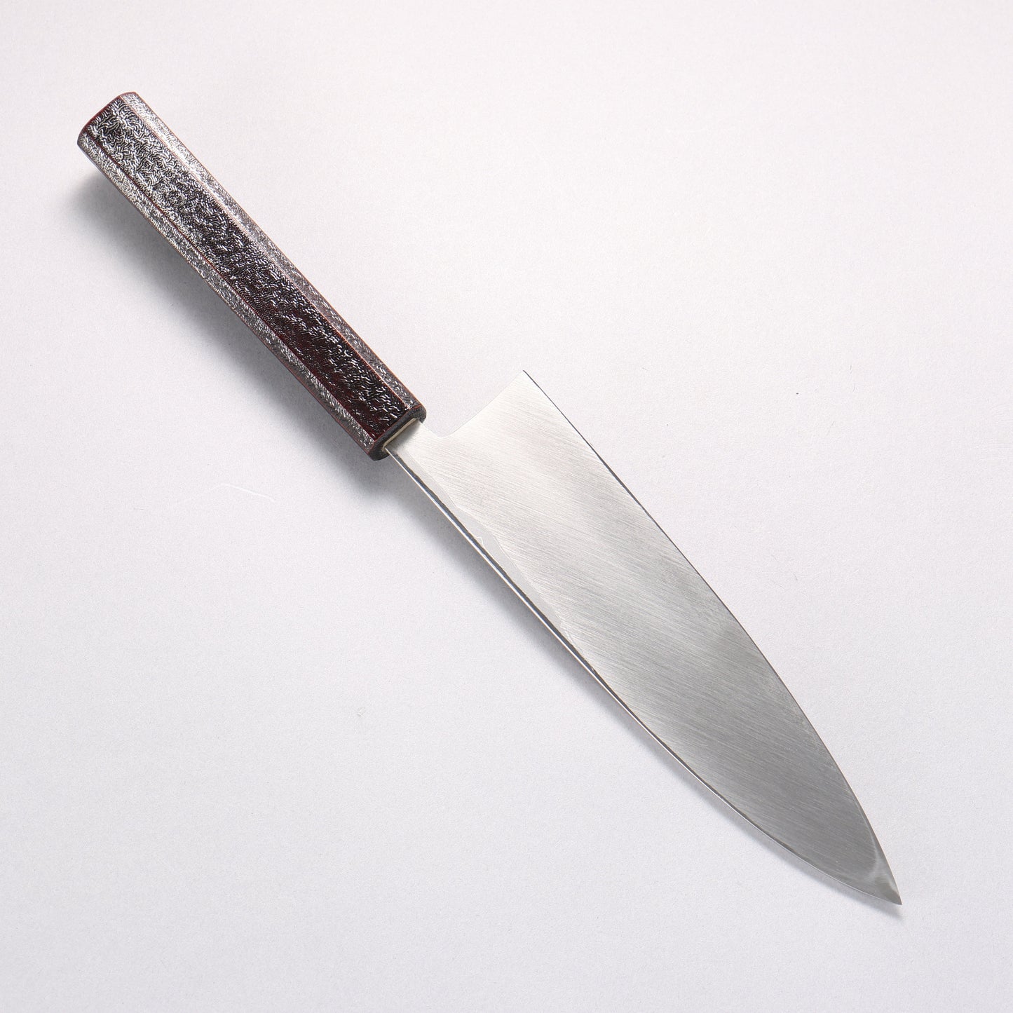北岡 英雄 白ニ鋼 ダマスカス 身卸出刃 和包丁 195mm 樫木黒銀漆塗り柄 - 清助刃物