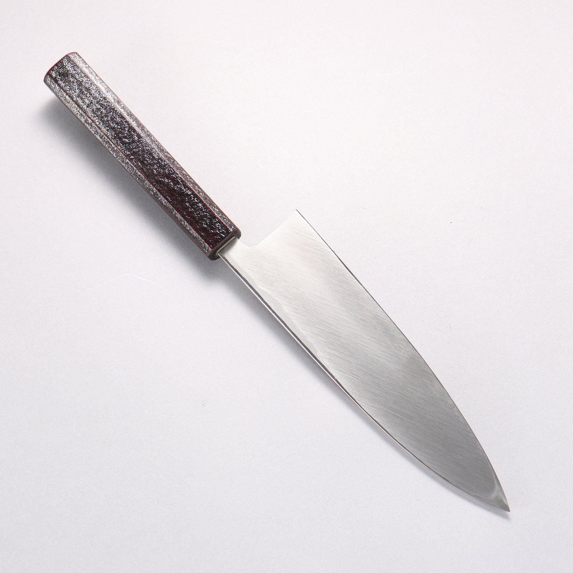 北岡 英雄 白ニ鋼 ダマスカス 身卸出刃 和包丁 195mm 樫木黒銀漆塗り柄 - 清助刃物