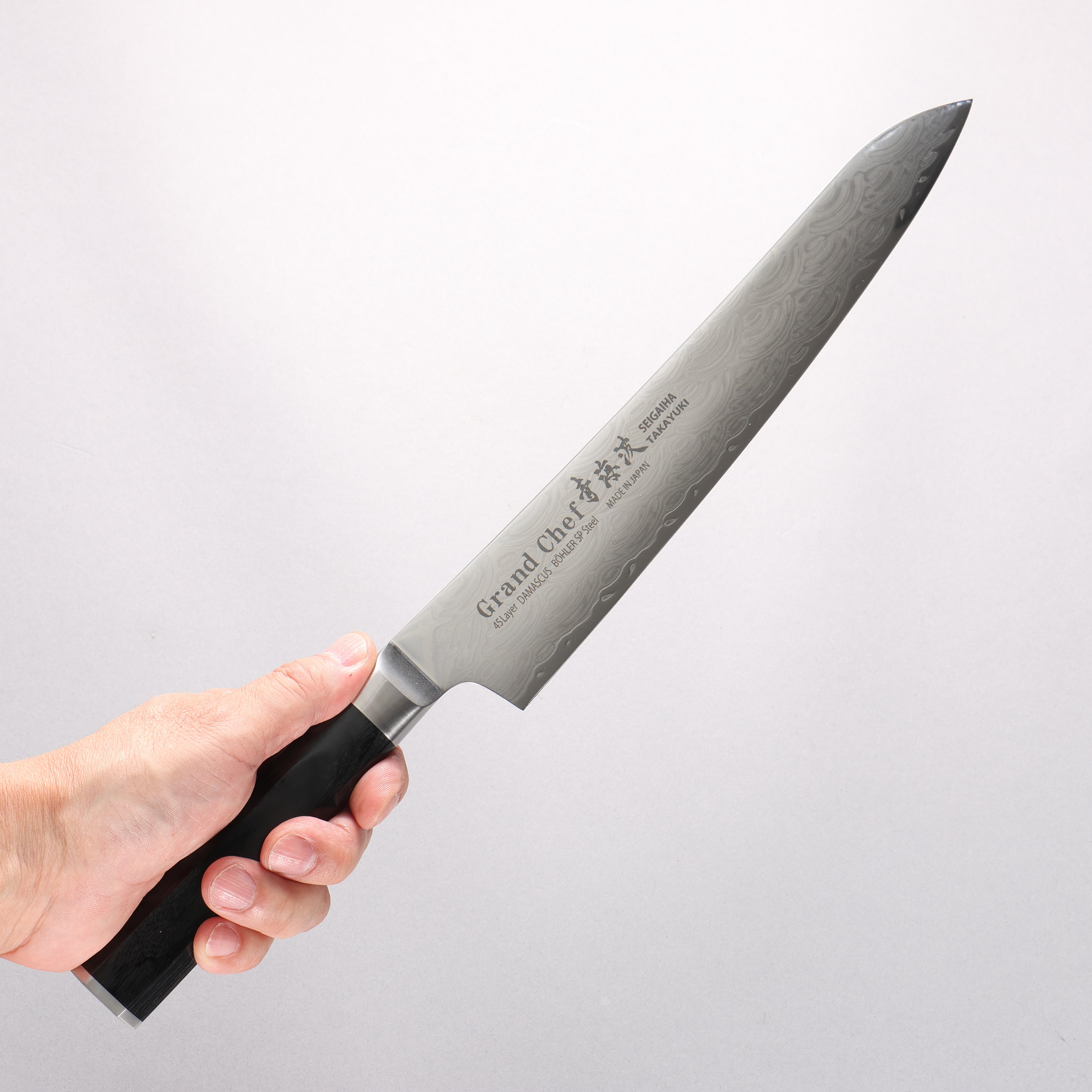 堺 孝行 青海波 Böhler SP スチール 45層ダマスカス 磨き仕上げ 筋引包丁 240mm 黒合板柄