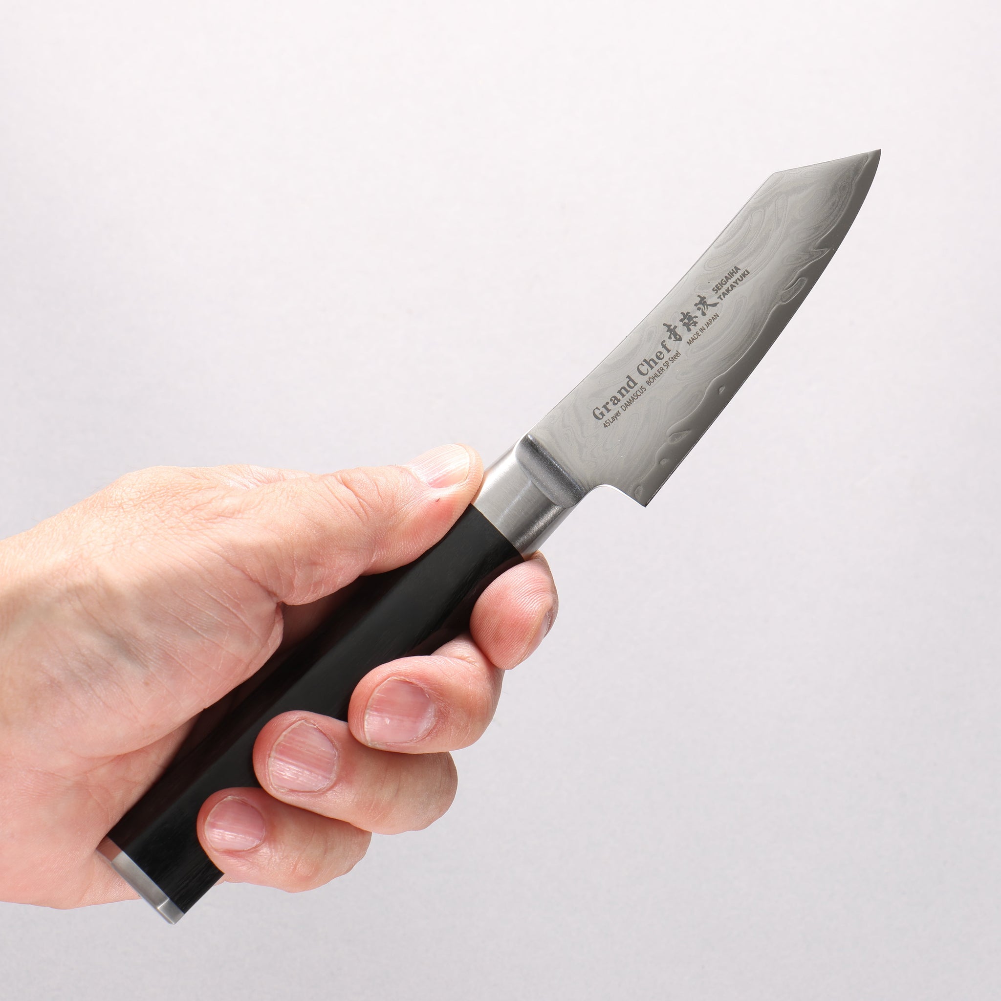 堺 孝行 青海波 Böhler SP スチール 45層ダマスカス 磨き仕上げ 剣型パーリング包丁 80mm 黒合板柄