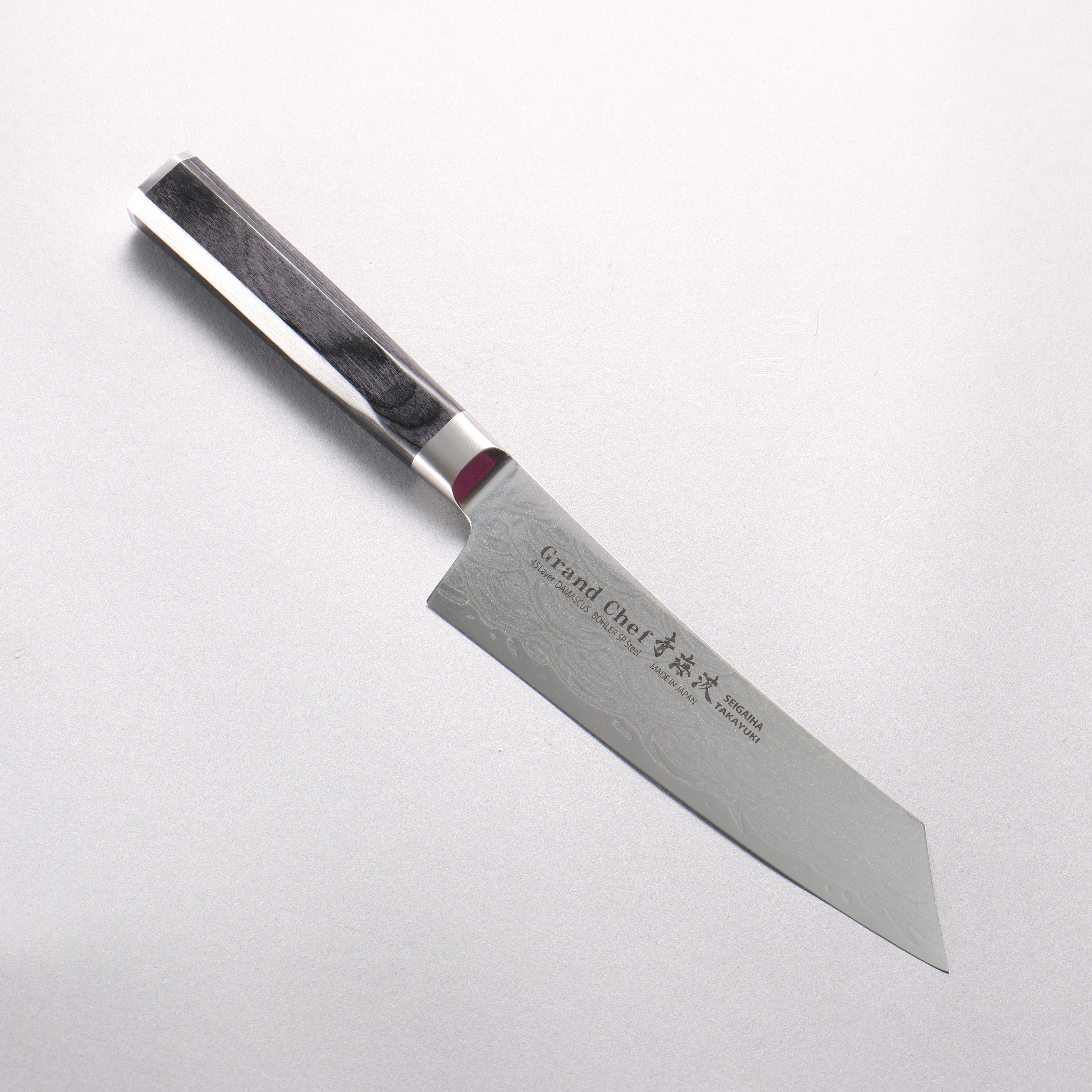 堺 孝行 青海波 Böhler SP スチール 45層ダマスカス 磨き仕上げ 剣型三徳包丁 160mm 黒合板柄