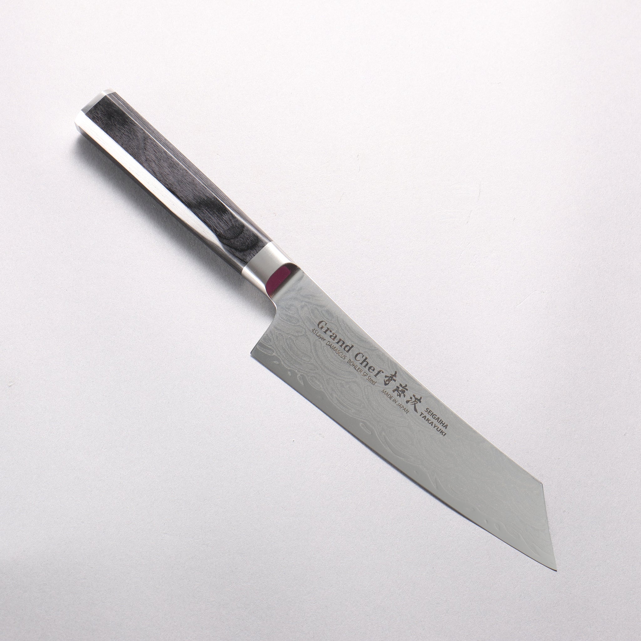 堺 孝行 青海波 Böhler SP スチール 45層ダマスカス 磨き仕上げ 剣型三徳包丁 160mm 黒合板柄