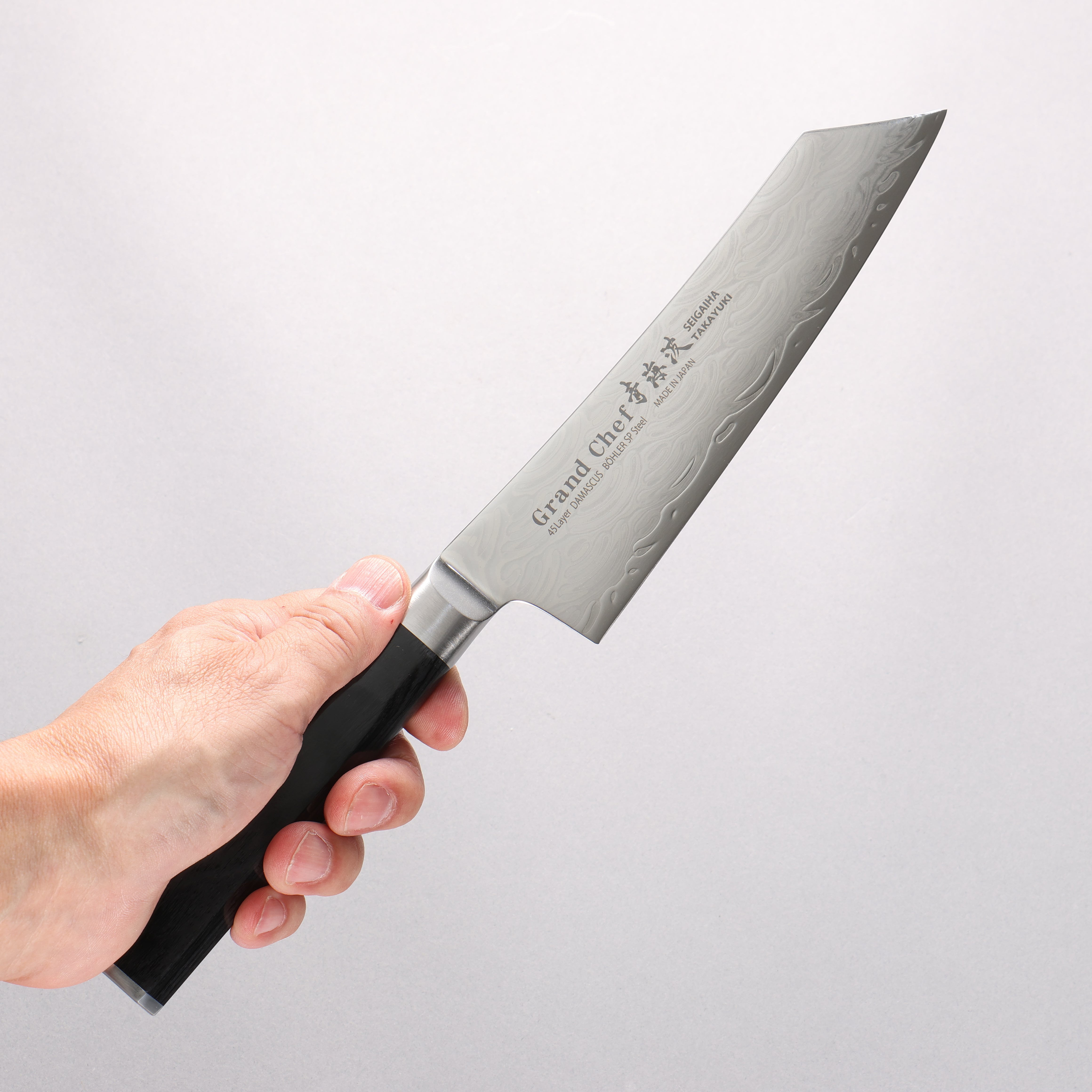 堺 孝行 青海波 Böhler SP スチール 45層ダマスカス 磨き仕上げ 剣型三徳包丁 160mm 黒合板柄