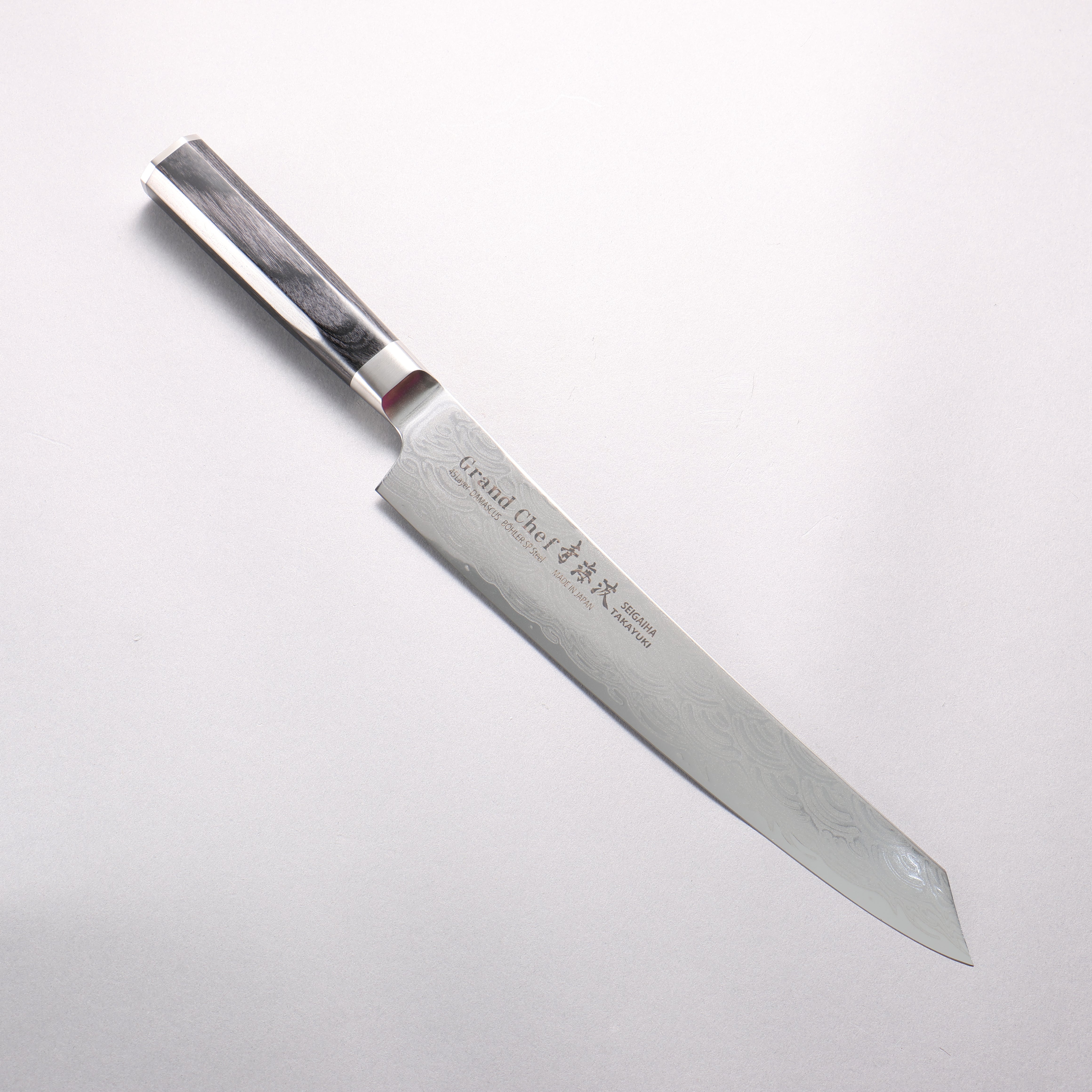 堺 孝行 青海波 Böhler SP スチール 45層ダマスカス 磨き仕上げ 剣型筋引包丁 240mm 黒合板柄