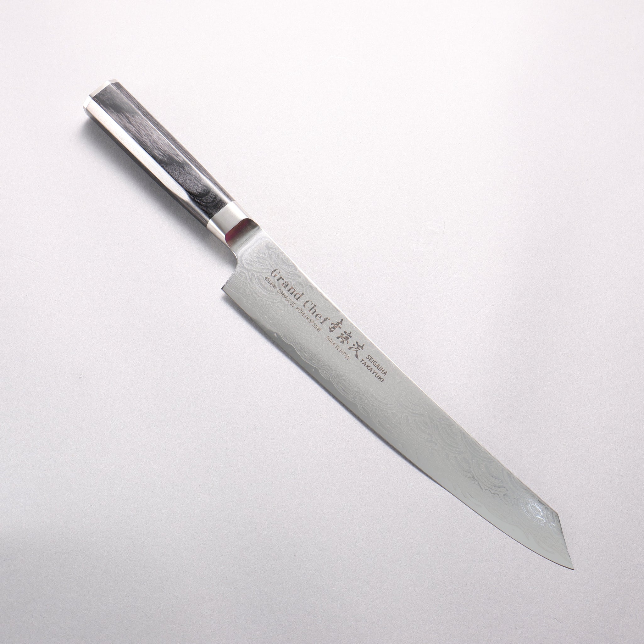 堺 孝行 青海波 Böhler SP スチール 45層ダマスカス 磨き仕上げ 剣型筋引包丁 240mm 黒合板柄