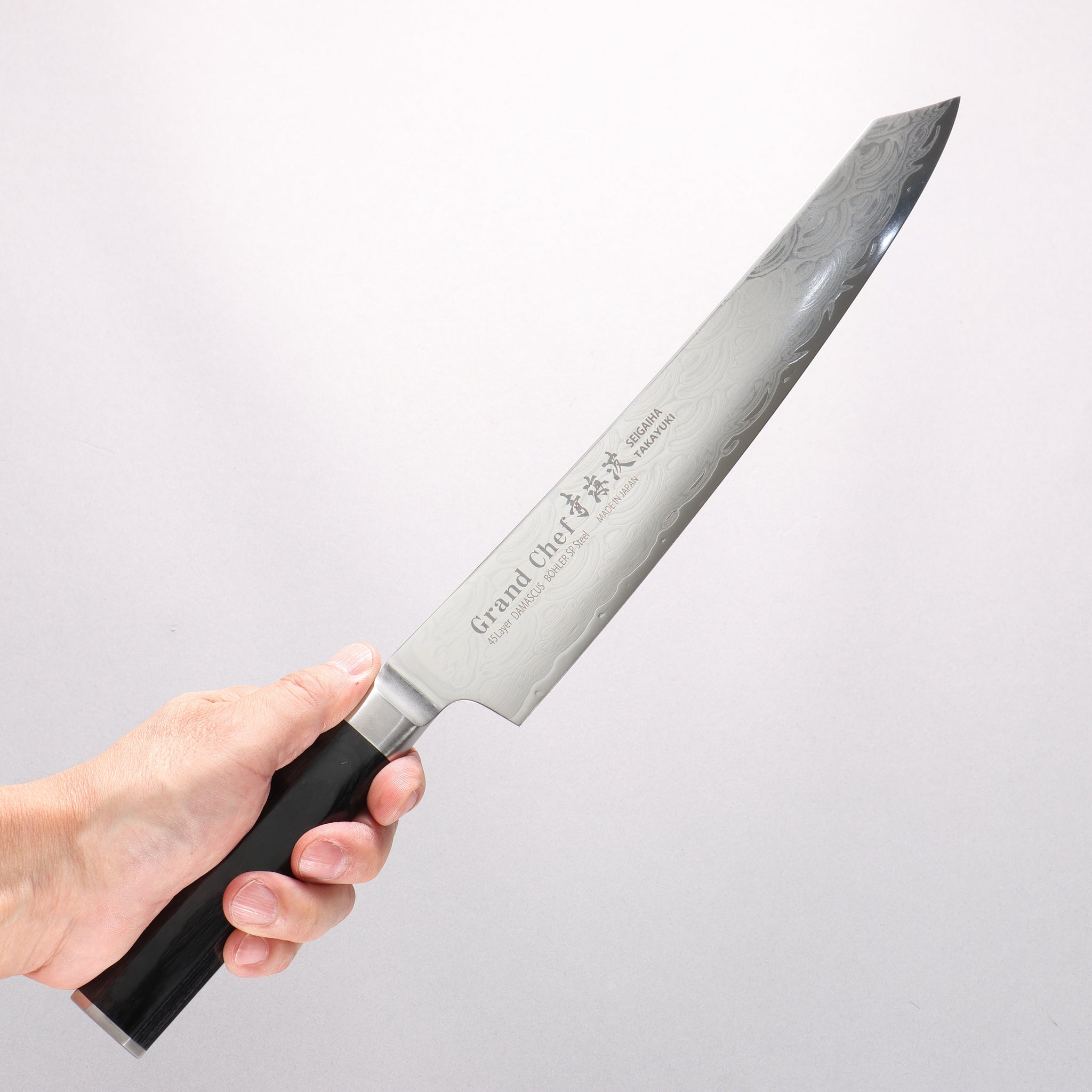 堺 孝行 青海波 Böhler SP スチール 45層ダマスカス 磨き仕上げ 剣型筋引包丁 240mm 黒合板柄