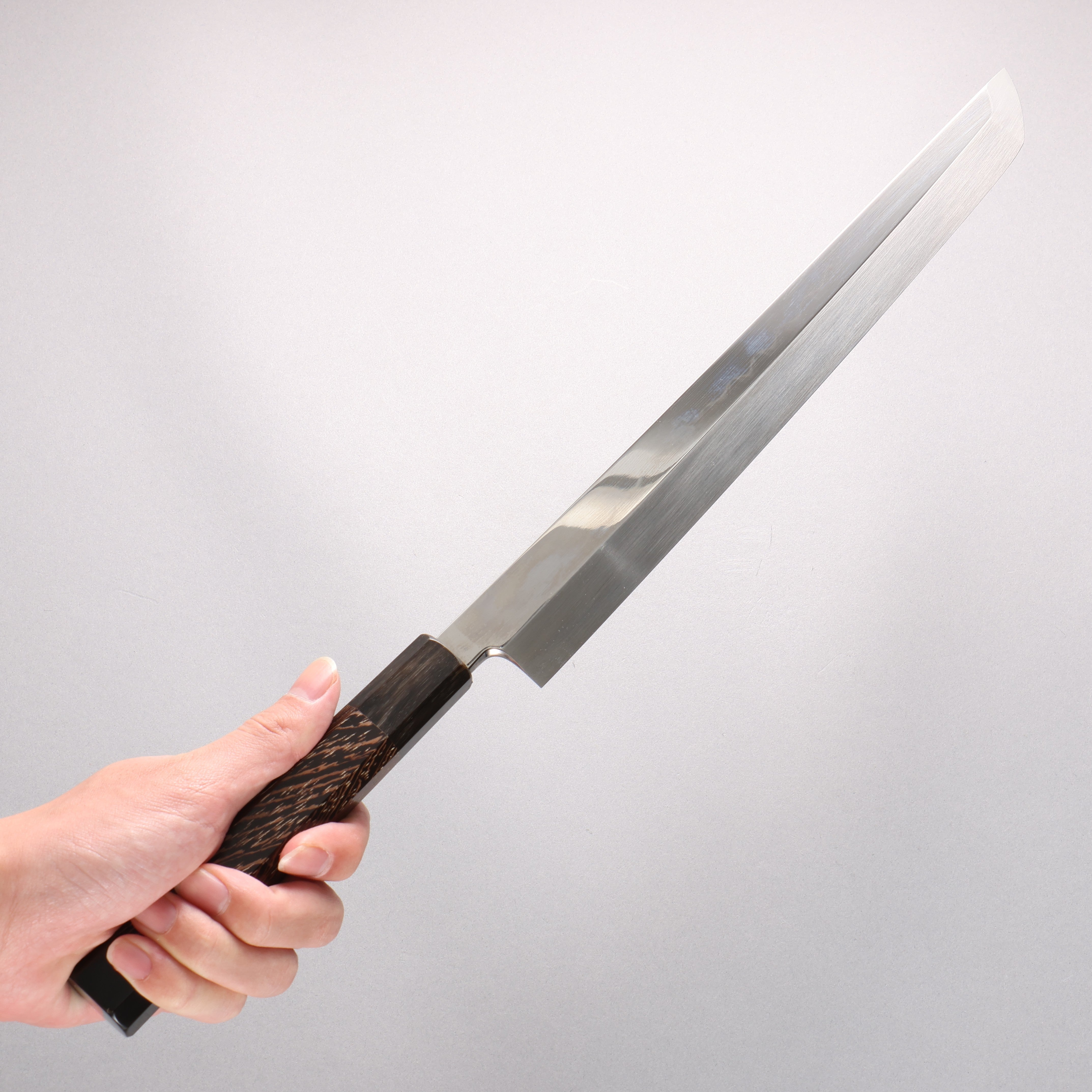 堺 孝行 水本焼 白ニ鋼 鏡面仕上げ 先丸柳刃包丁 300mm ウエンジ(両側水牛リング付き）柄 鞘付き - 清助刃物