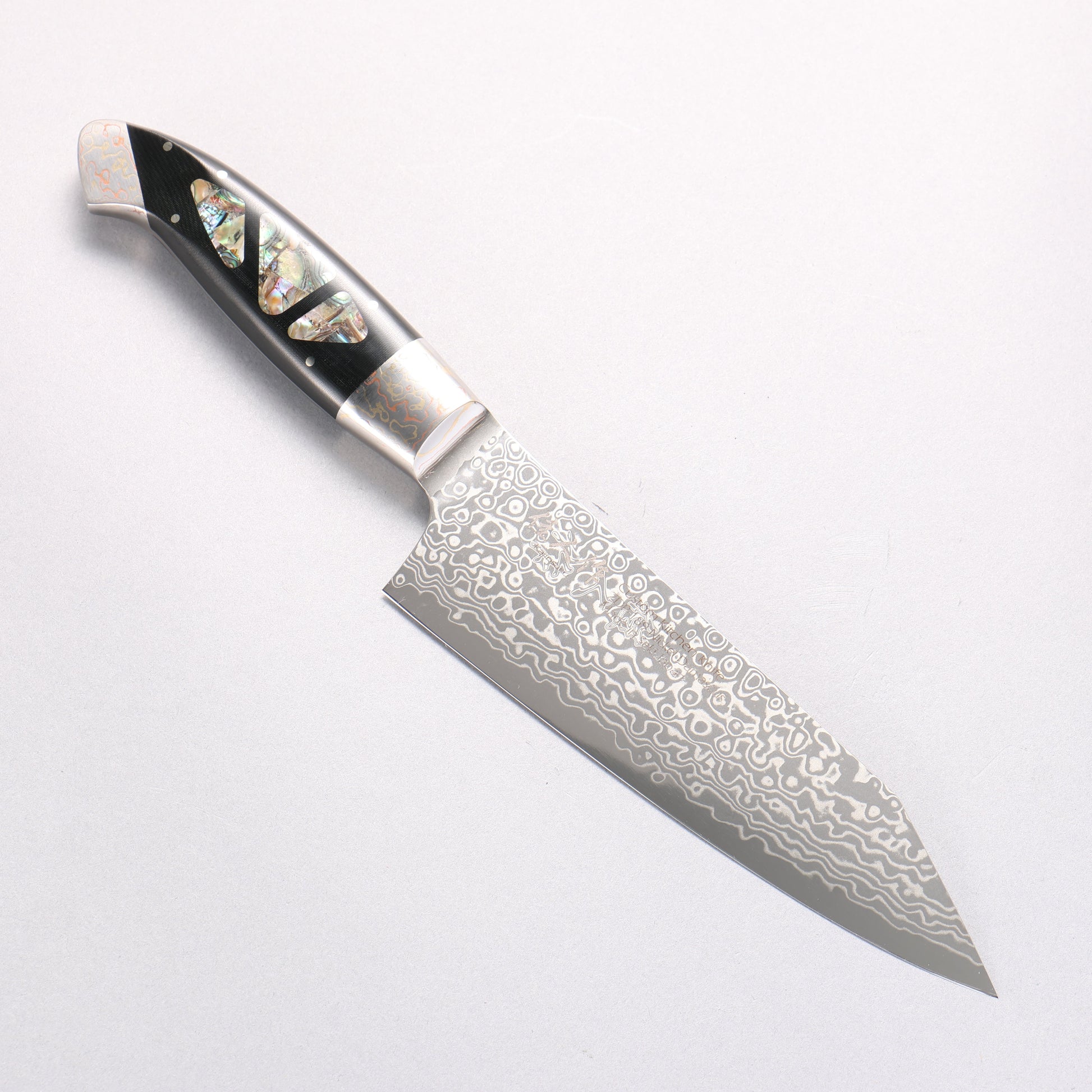 佳人 ZDP189 ダマスカス 磨き仕上げ 切付三徳包丁 165mm アバロンインレイ柄 