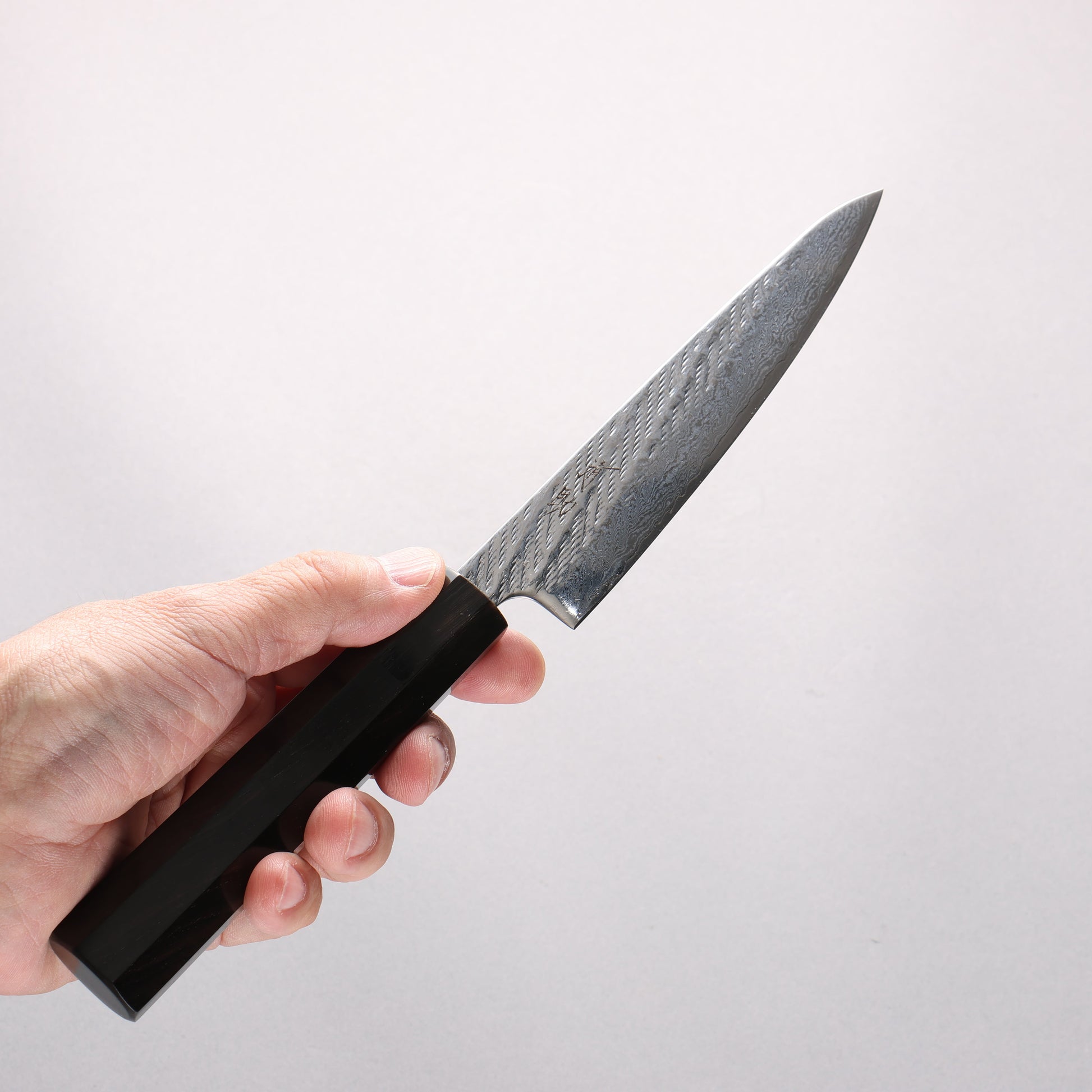 清助 銀三鋼 ダマスカス 縄目 ペティーナイフ 135mm 黒檀　(口輪：黒水牛)柄