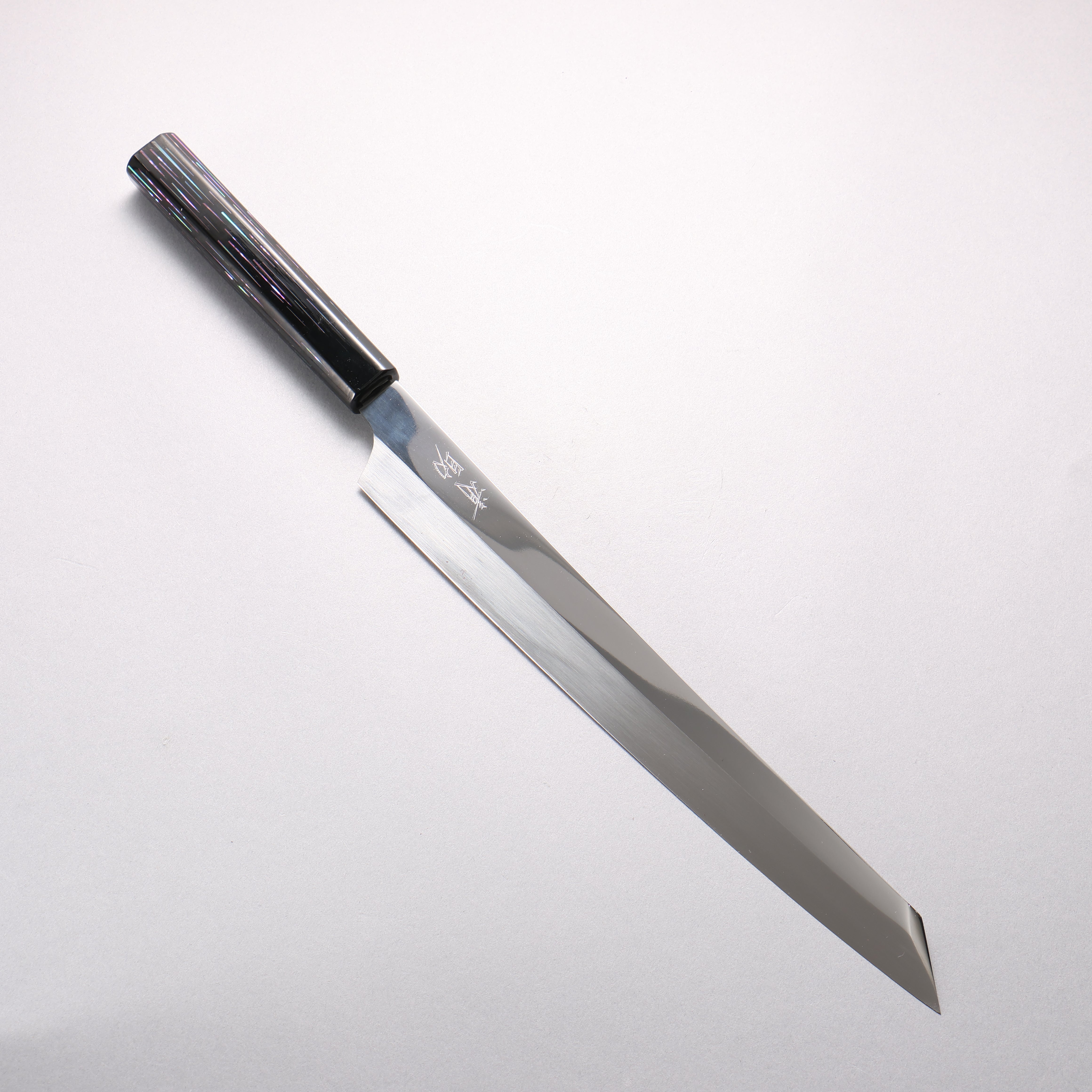 堺 孝行 本焼き 飛燕 V金10号 鏡面仕上げ 剣型柳刃包丁 300mm 黒漆塗り (螺鈿)柄 鞘付き Tetris Pattern MOP inlay (テトリス調螺鈿)