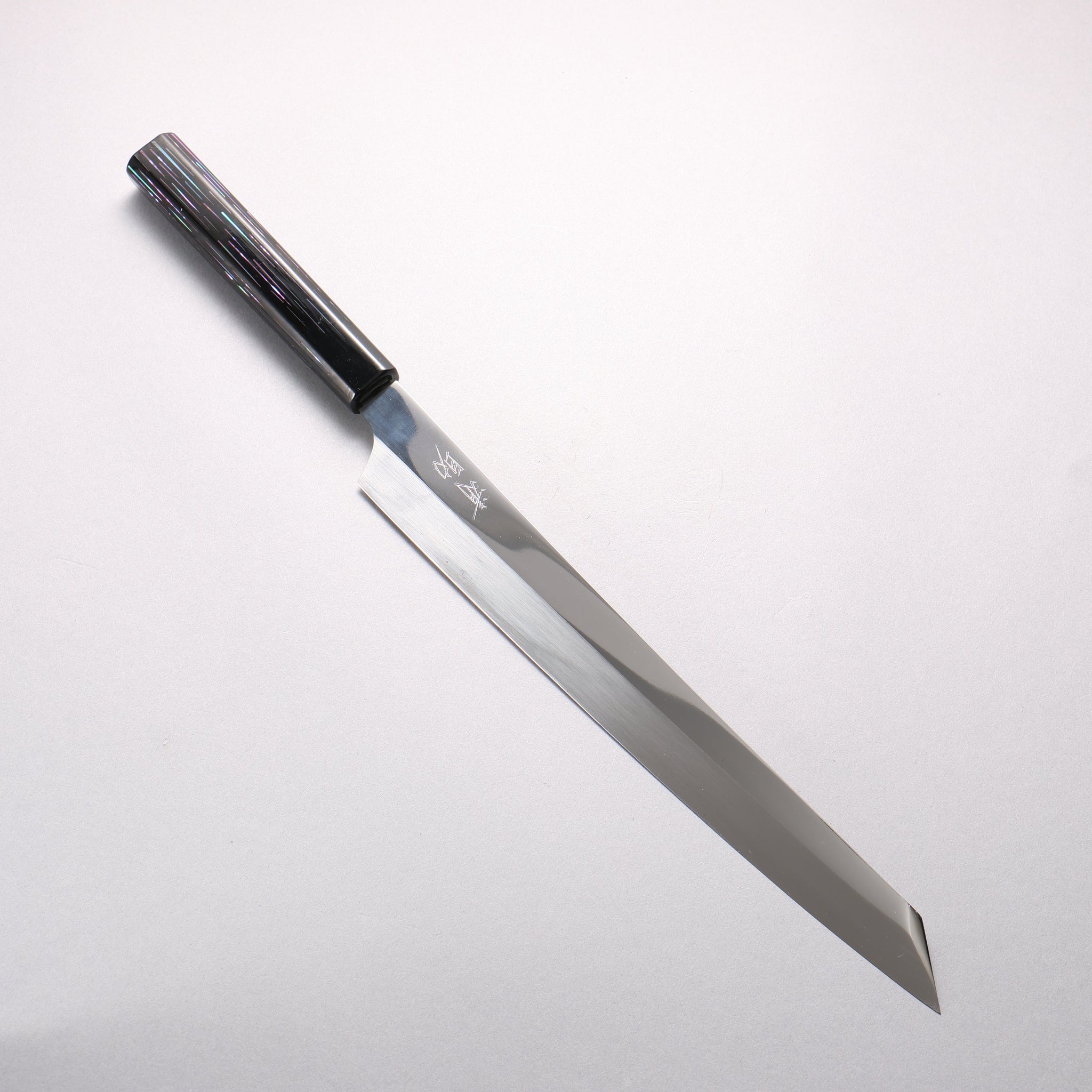 堺 孝行 本焼き 飛燕 V金10号 鏡面仕上げ 剣型柳刃包丁 300mm 黒漆塗り (螺鈿)柄 鞘付き Tetris Pattern MOP inlay (テトリス調螺鈿)