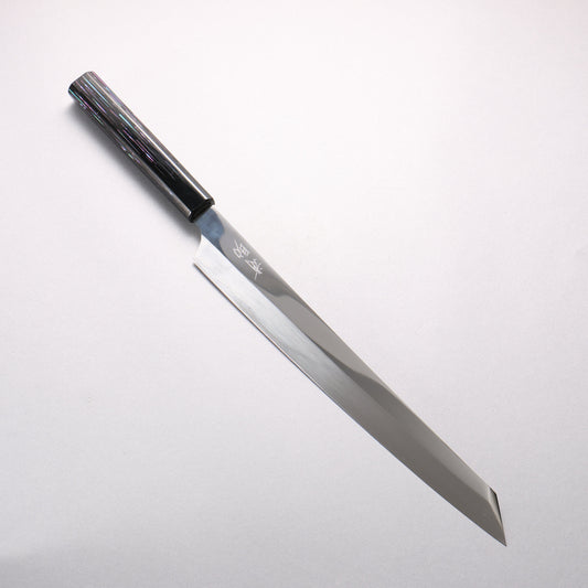 堺 孝行 本焼き 飛燕 V金10号 鏡面仕上げ 剣型柳刃包丁 300mm 黒漆塗り (螺鈿)柄 鞘付き Tetris Pattern MOP inlay (テトリス調螺鈿)