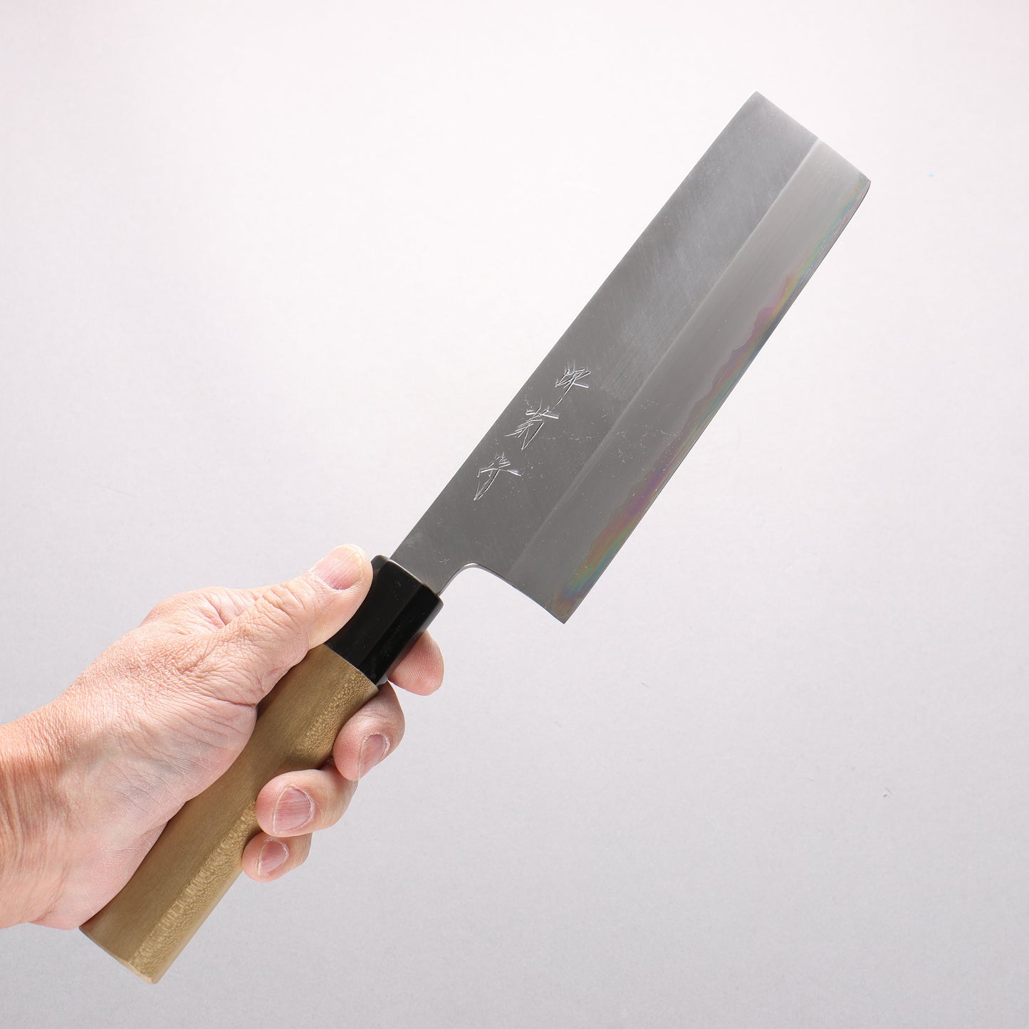堺 菊守 白一鋼 菜切包丁 180mm 朴 (口輪：水牛)柄