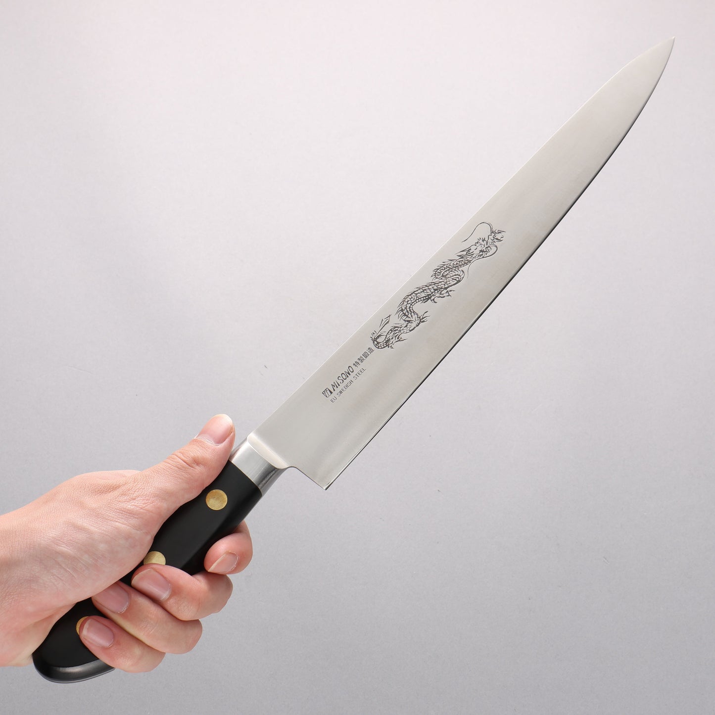 ミソノ スウェーデン鋼 龍の彫刻入り 筋引包丁 - 清助刃物