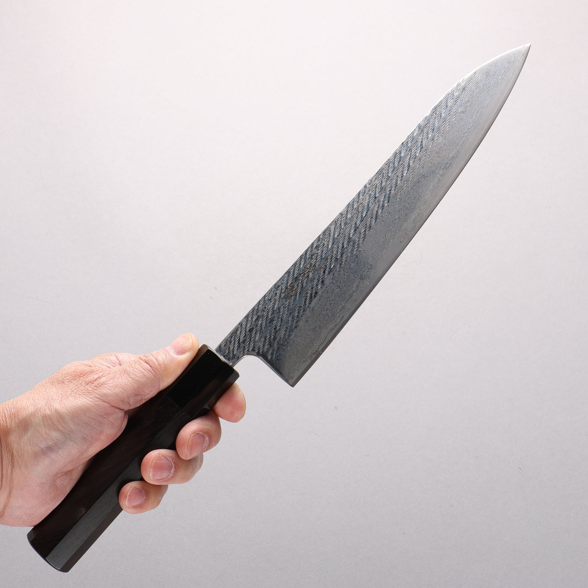 清助 銀三鋼 ダマスカス 縄目 牛刀包丁 210mm 黒檀　(口輪：黒水牛)柄