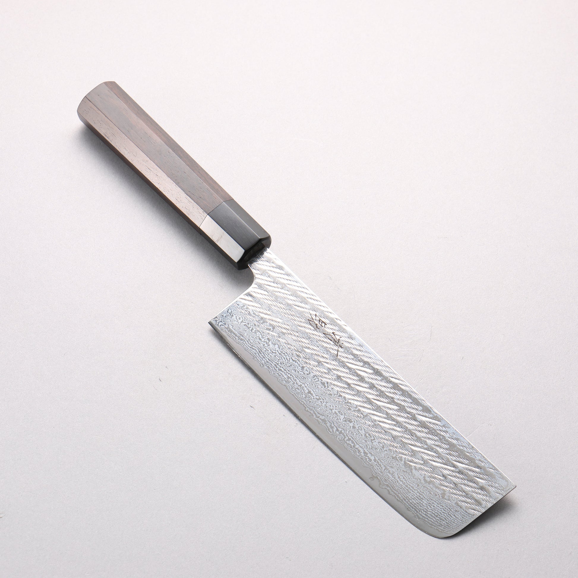 清助 銀三鋼 鎚目 ダマスカス 縄目 菜切包丁 165mm 黒檀 (口輪：黒水牛)柄 - 清助刃物