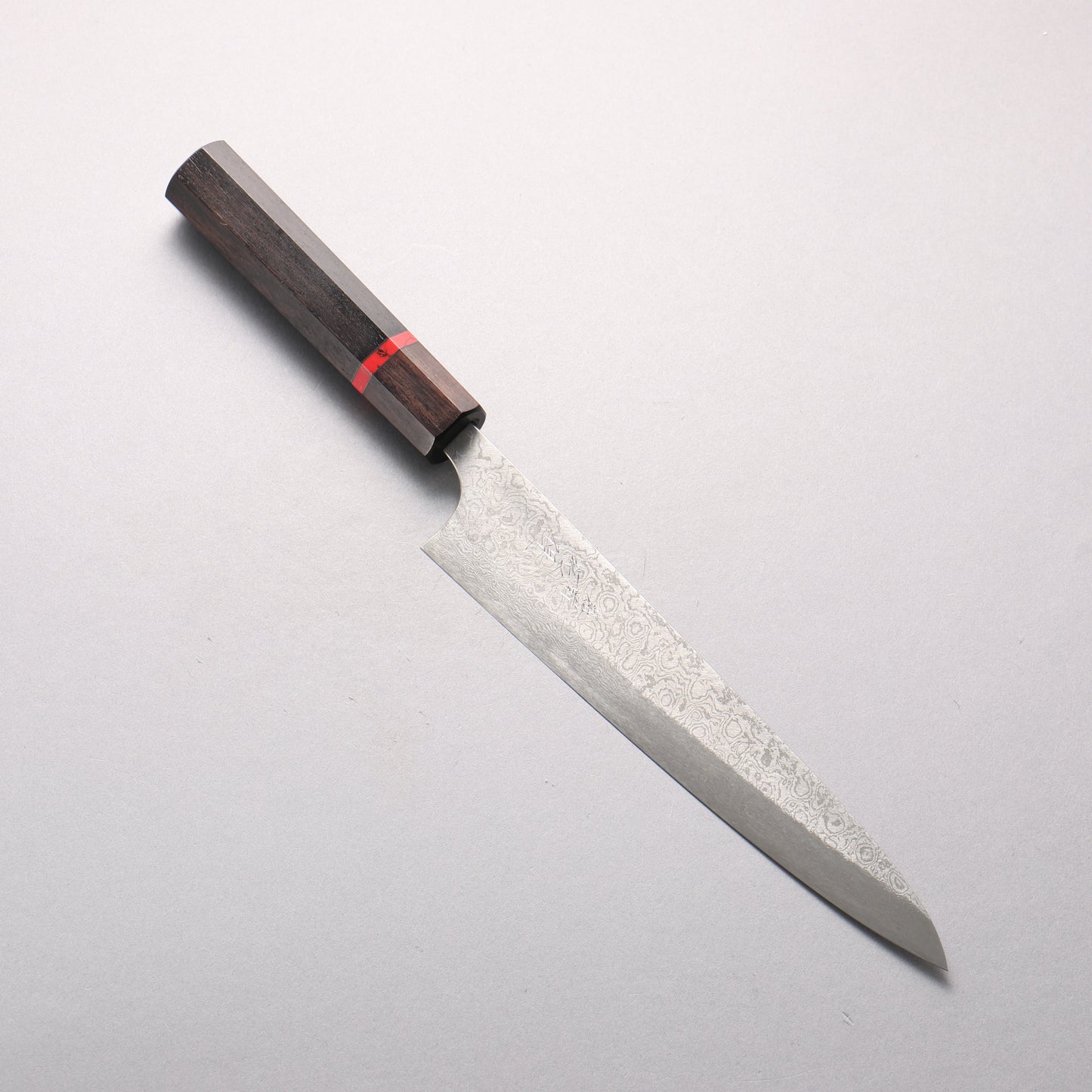 池田拓視 酔狂 V金10号 磨き仕上げ ダマスカス 筋引包丁 210mm 黒檀 (赤ターコイズリング付き）柄 - 清助刃物