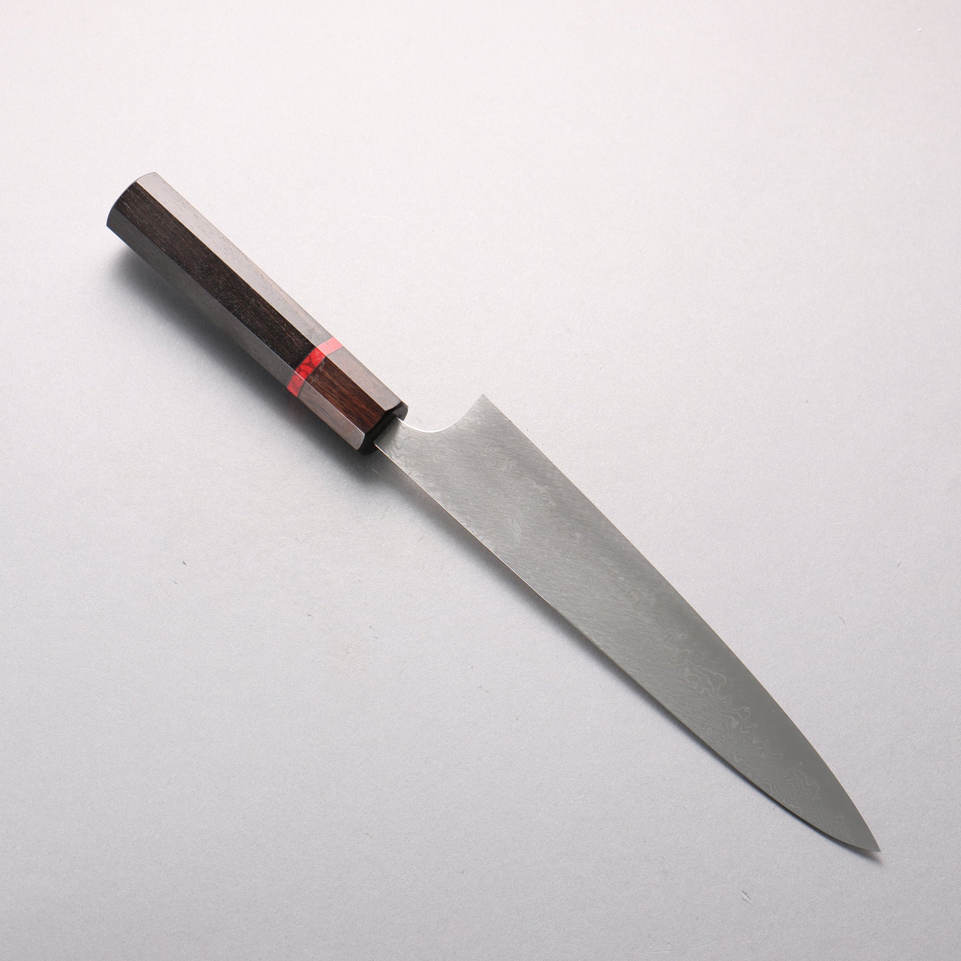 池田拓視 酔狂 V金10号 磨き仕上げ ダマスカス 筋引包丁 210mm 黒檀 (赤ターコイズリング付き）柄 - 清助刃物