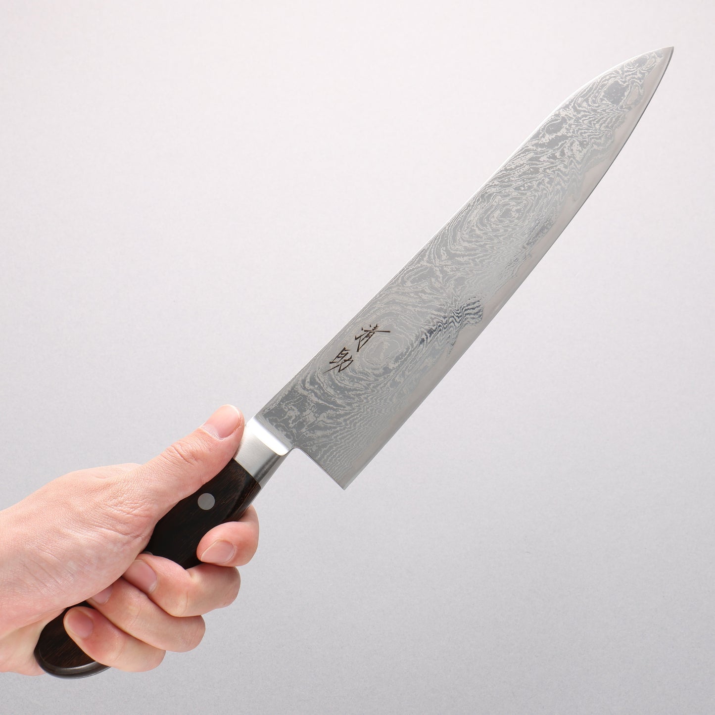 清助 波 AUS10 鏡面仕上げ ダマスカス 牛刀包丁 240mm 茶合板柄 - 清助刃物