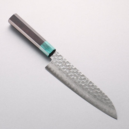 清助 V金10号 鎚目 ダマスカス 三徳包丁 180mm 黒合板(口輪：緑合板)柄 - 清助刃物