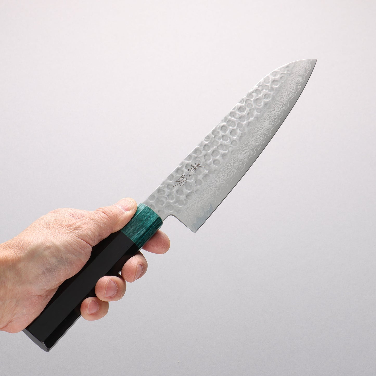 清助 V金10号 鎚目 ダマスカス 三徳包丁 180mm 黒合板(口輪：緑合板)柄 - 清助刃物