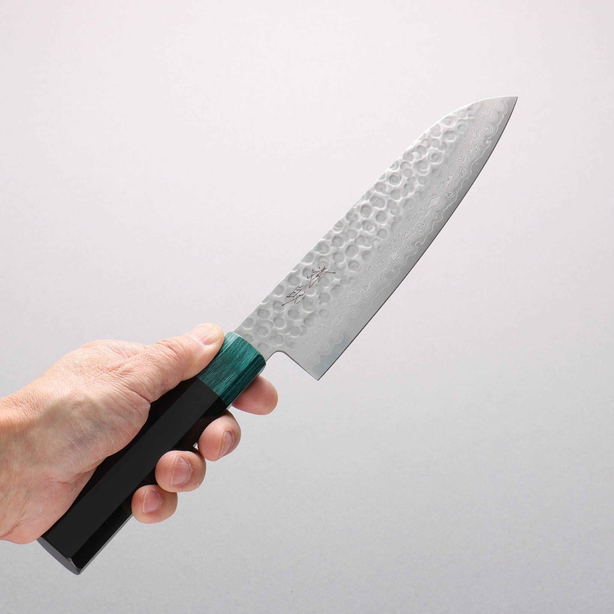 清助 V金10号 鎚目 ダマスカス 三徳包丁 180mm 黒合板(口輪：緑合板)柄 - 清助刃物