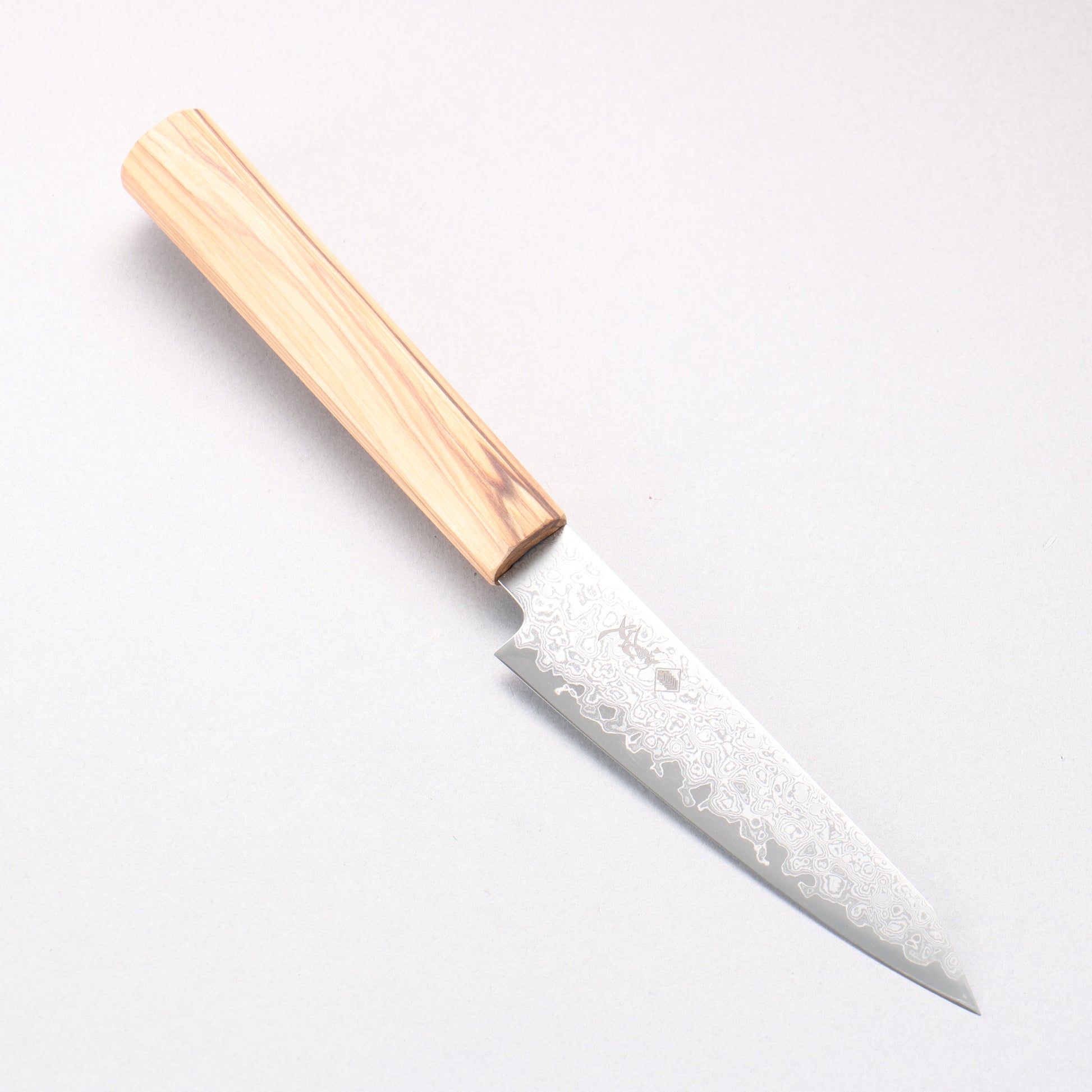 寛丈 V金10号 ダマスカス 切付ペティナイフ 120mm オリーブの木柄 - 清助刃物