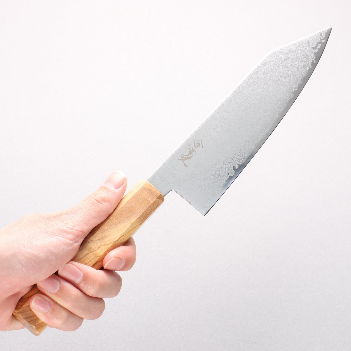 寛丈 V金10号 ダマスカス 切付三徳包丁 180mm オリーブの木柄 - 清助刃物