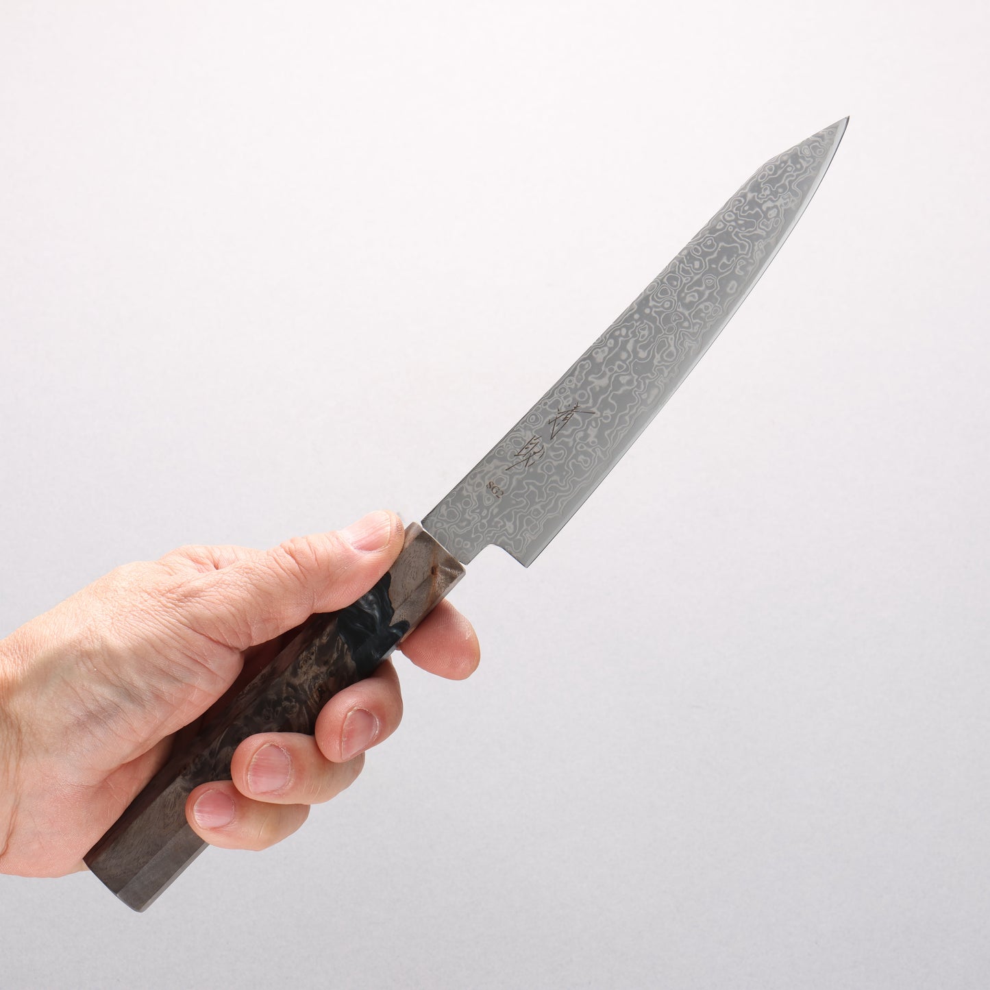清助 SG2 ダマスカス 磨き仕上げ 切付ペティナイフ 150mm スタビライズ樺／黒樹脂柄 - 清助刃物