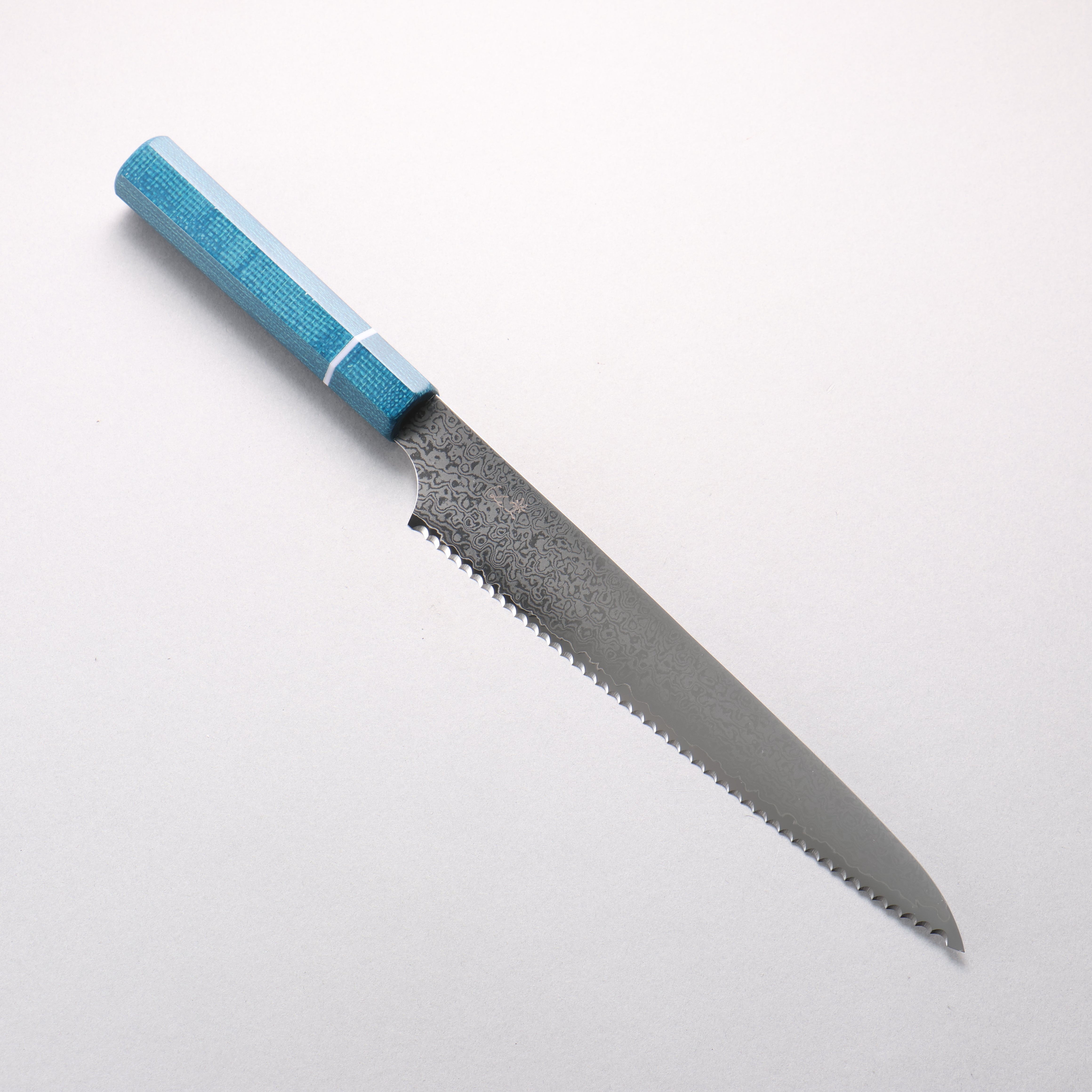 ケイ V金10号 ダマスカス パン切り包丁 240mm 青マイカルタ柄 - 清助刃物