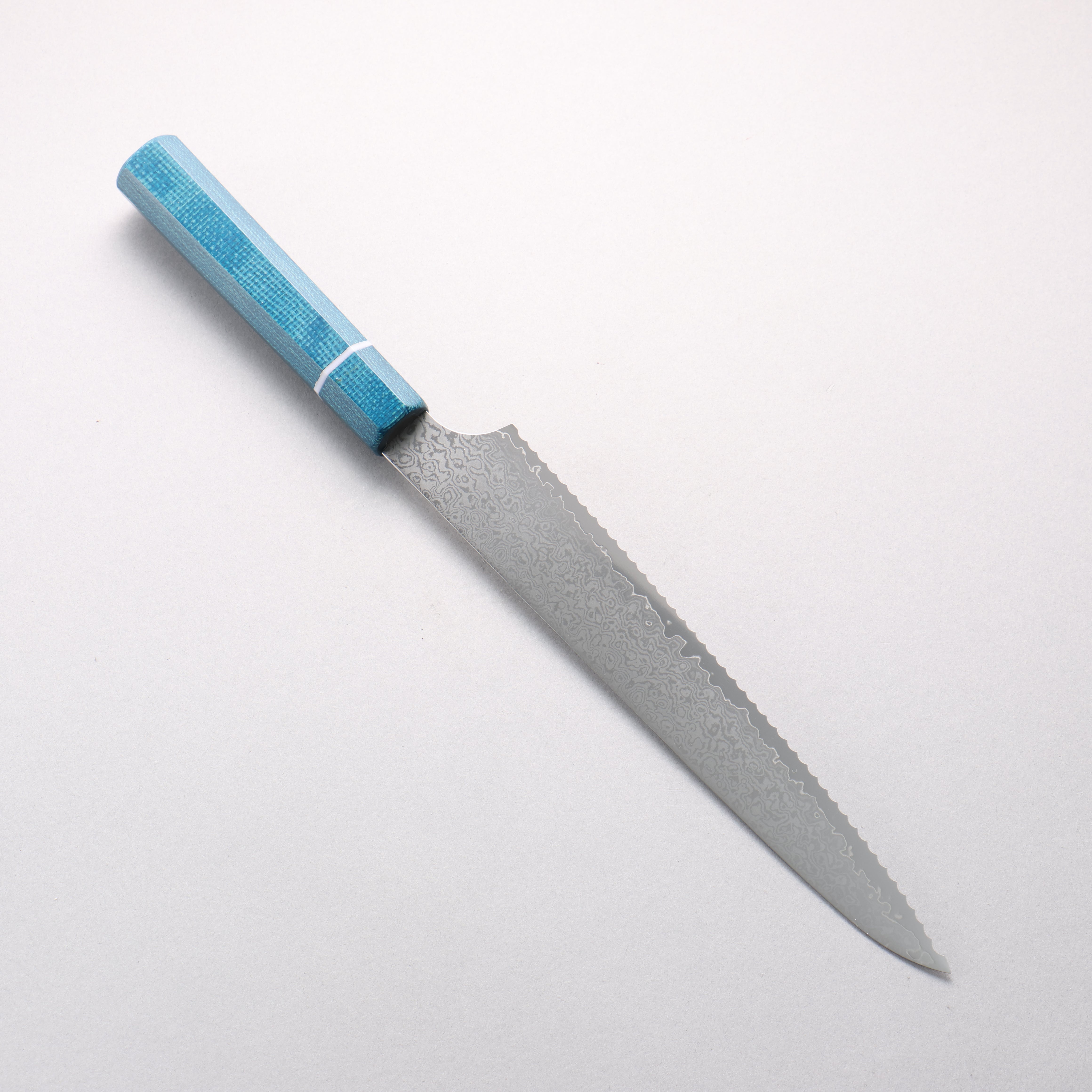 ケイ V金10号 ダマスカス パン切り包丁 240mm 青マイカルタ柄 - 清助刃物