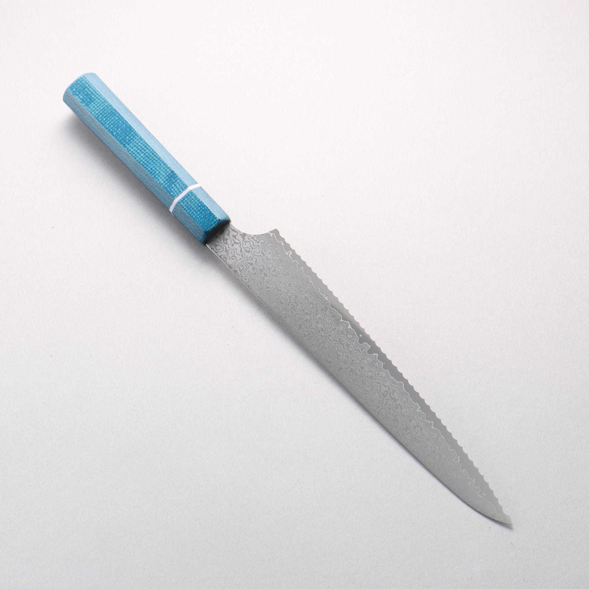 ケイ V金10号 ダマスカス パン切り包丁 240mm 青マイカルタ柄 - 清助刃物