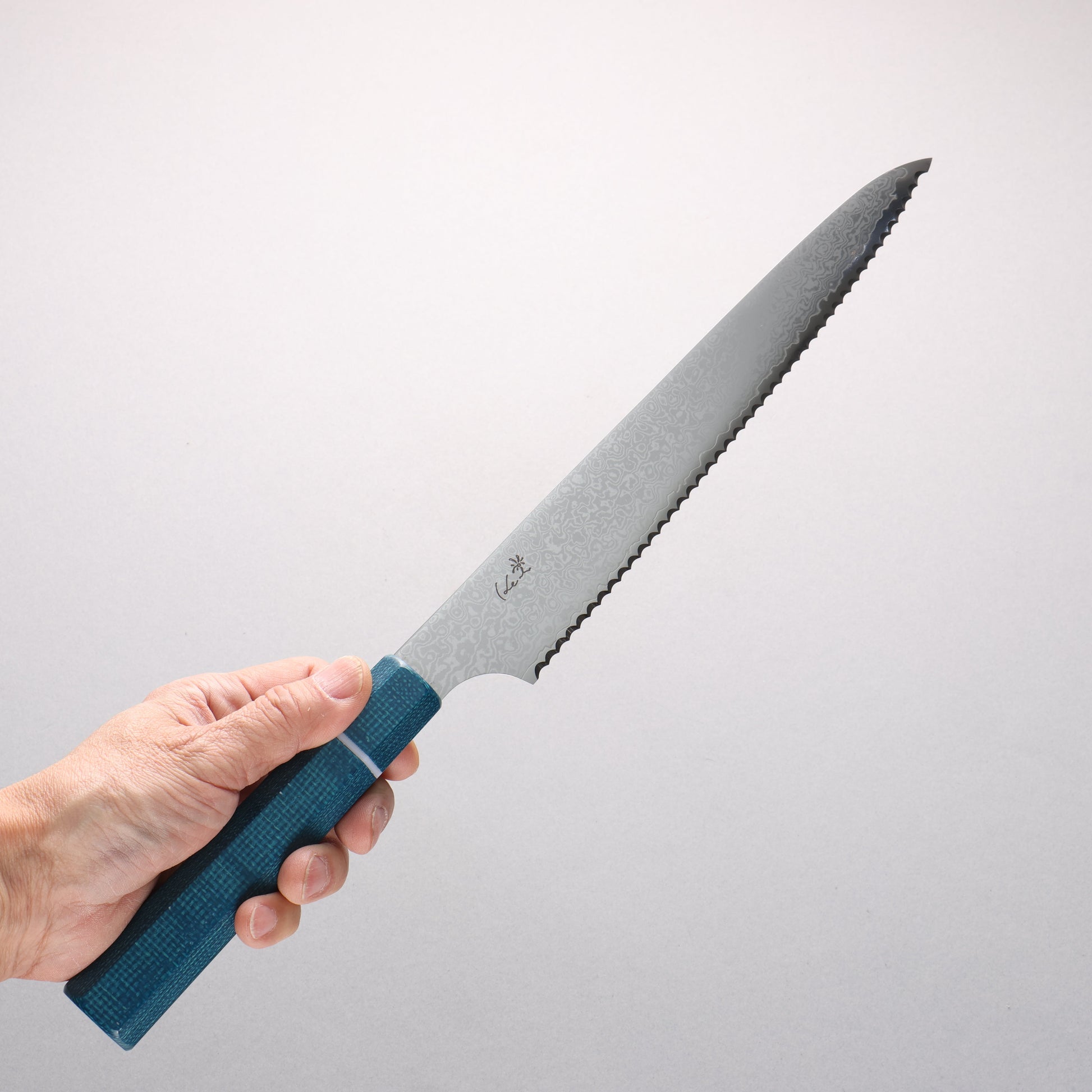 ケイ V金10号 ダマスカス パン切り包丁 240mm 青マイカルタ柄 - 清助刃物