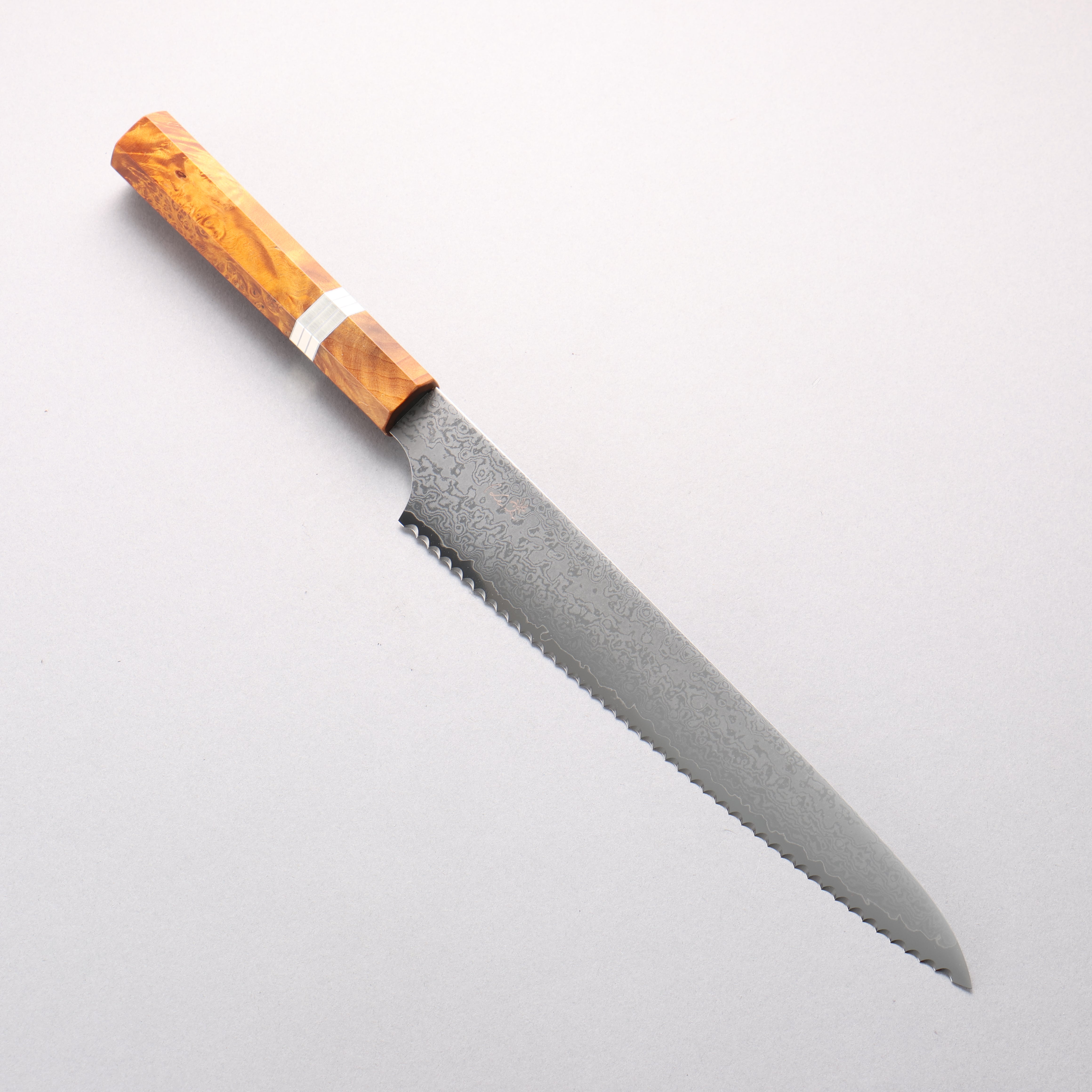 ケイ V金10号 ダマスカス パン切り包丁 240mm 茶スタビライズドウッド (銀リング)柄 - 清助刃物