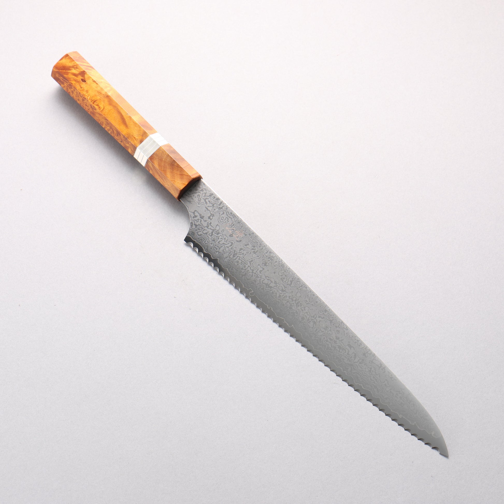 ケイ V金10号 ダマスカス パン切り包丁 240mm 茶スタビライズドウッド (銀リング)柄 - 清助刃物