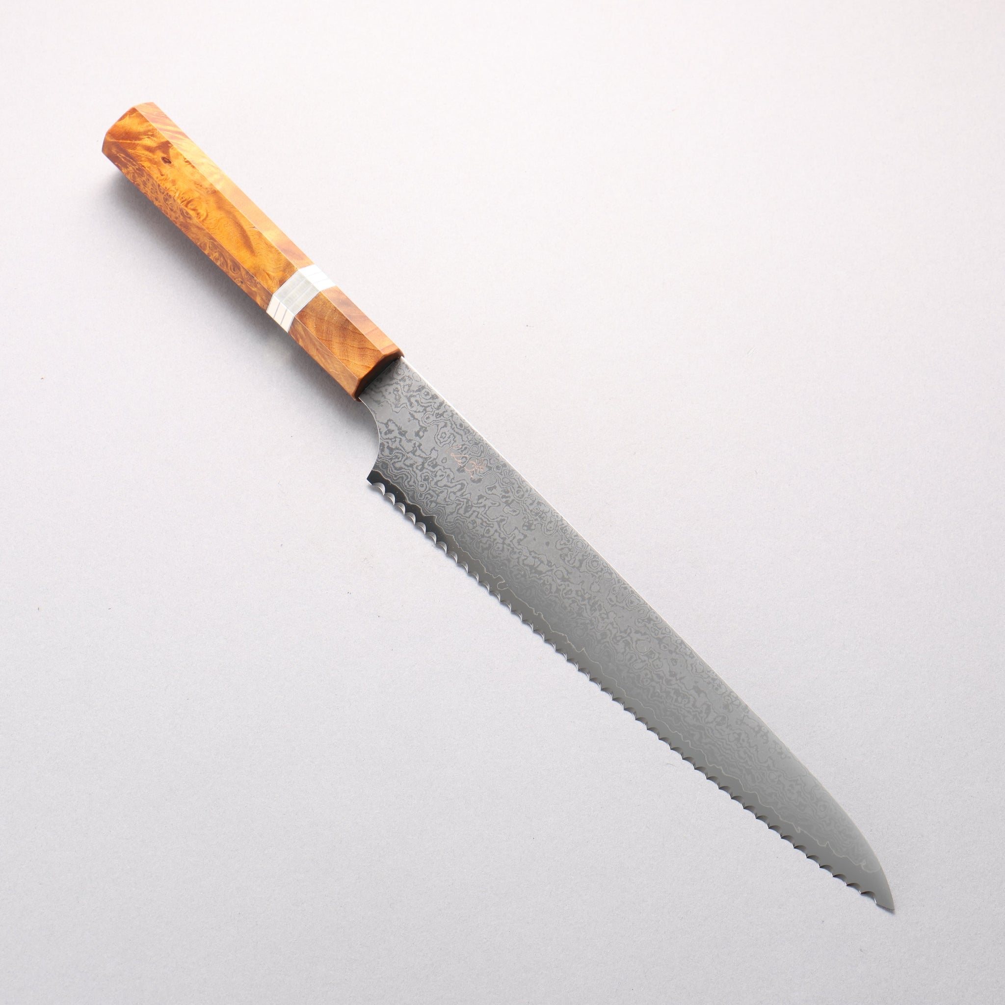 ケイ V金10号 ダマスカス パン切り包丁 240mm 茶スタビライズドウッド (銀リング)柄 - 清助刃物