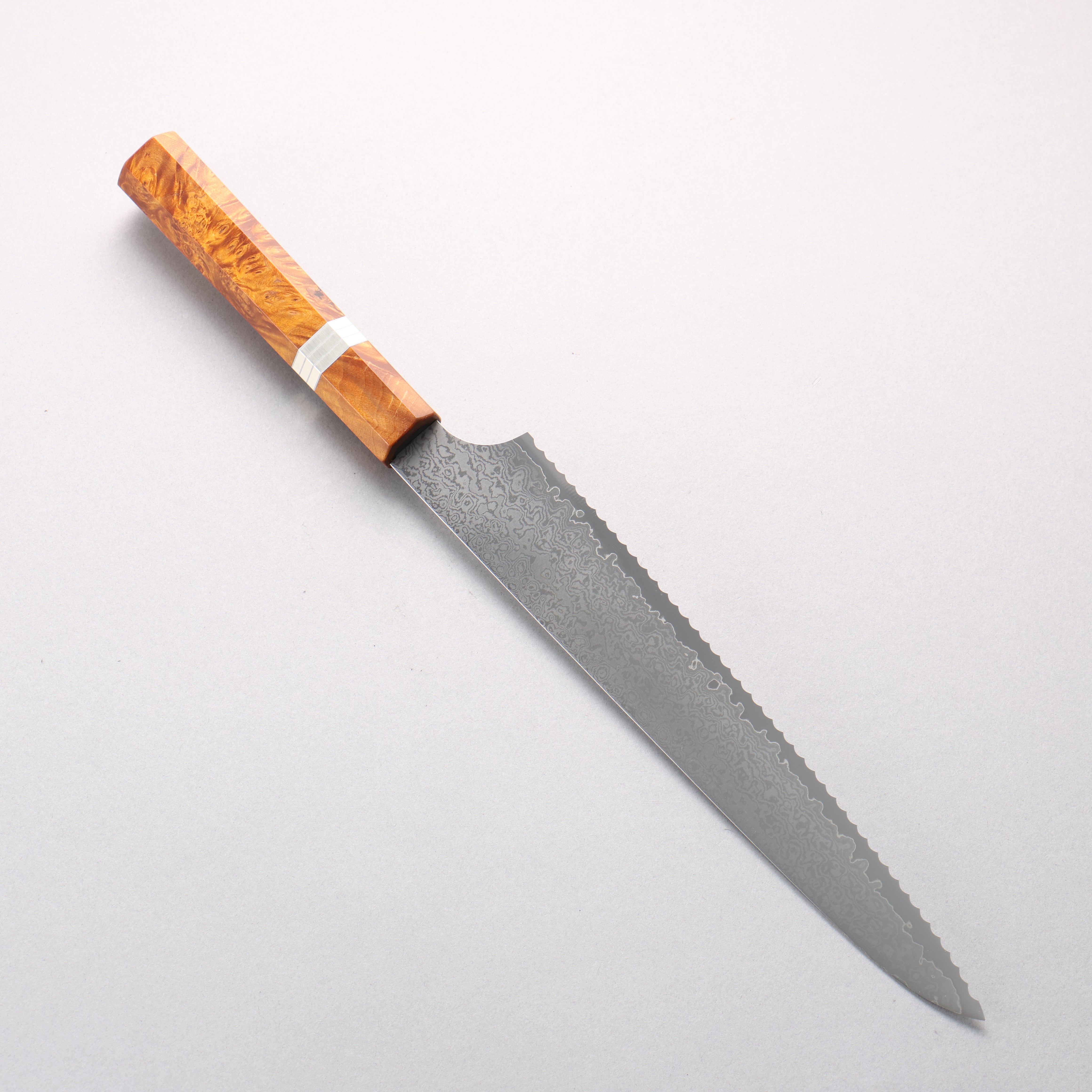 ケイ V金10号 ダマスカス パン切り包丁 240mm 茶スタビライズドウッド (銀リング)柄 - 清助刃物
