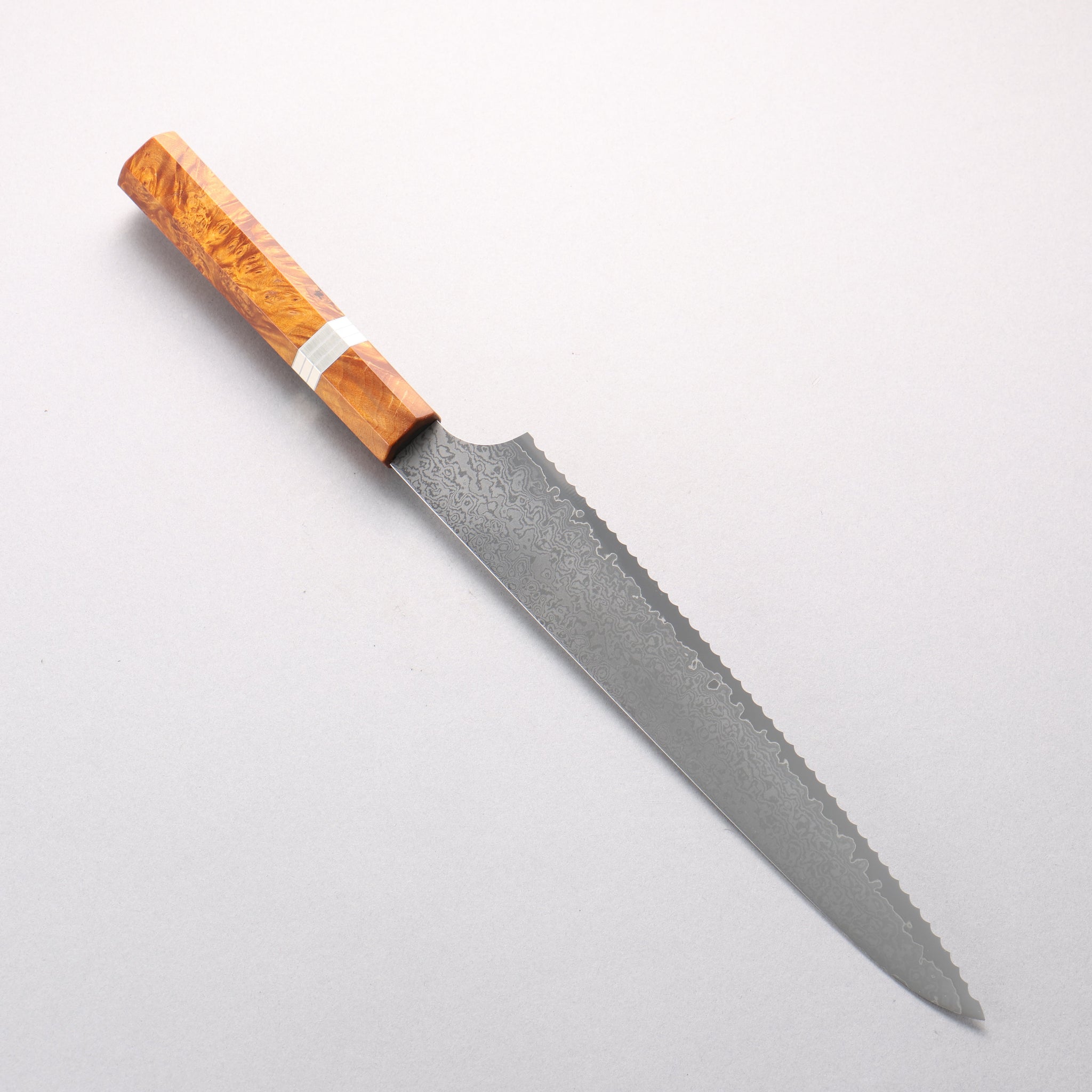 ケイ V金10号 ダマスカス パン切り包丁 240mm 茶スタビライズドウッド (銀リング)柄 - 清助刃物